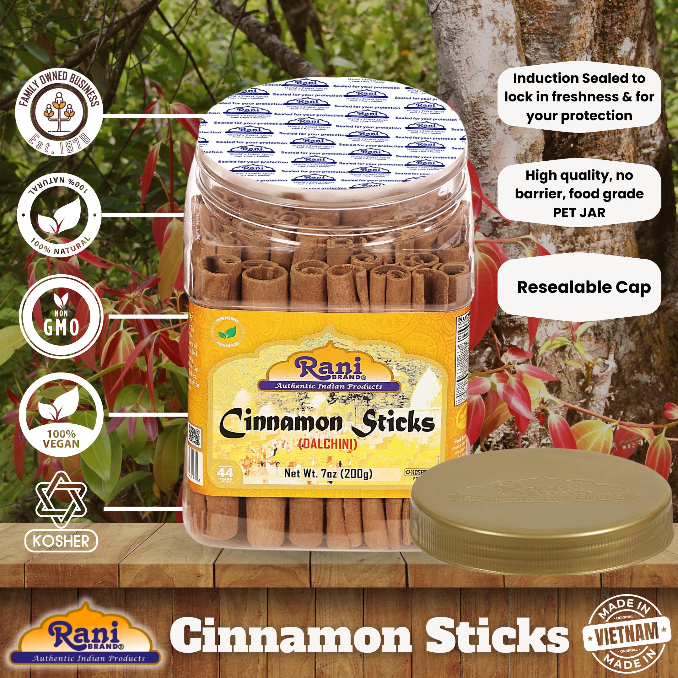 Rani Cinnamon Sticks in a PET jar for easy, mess-free use.