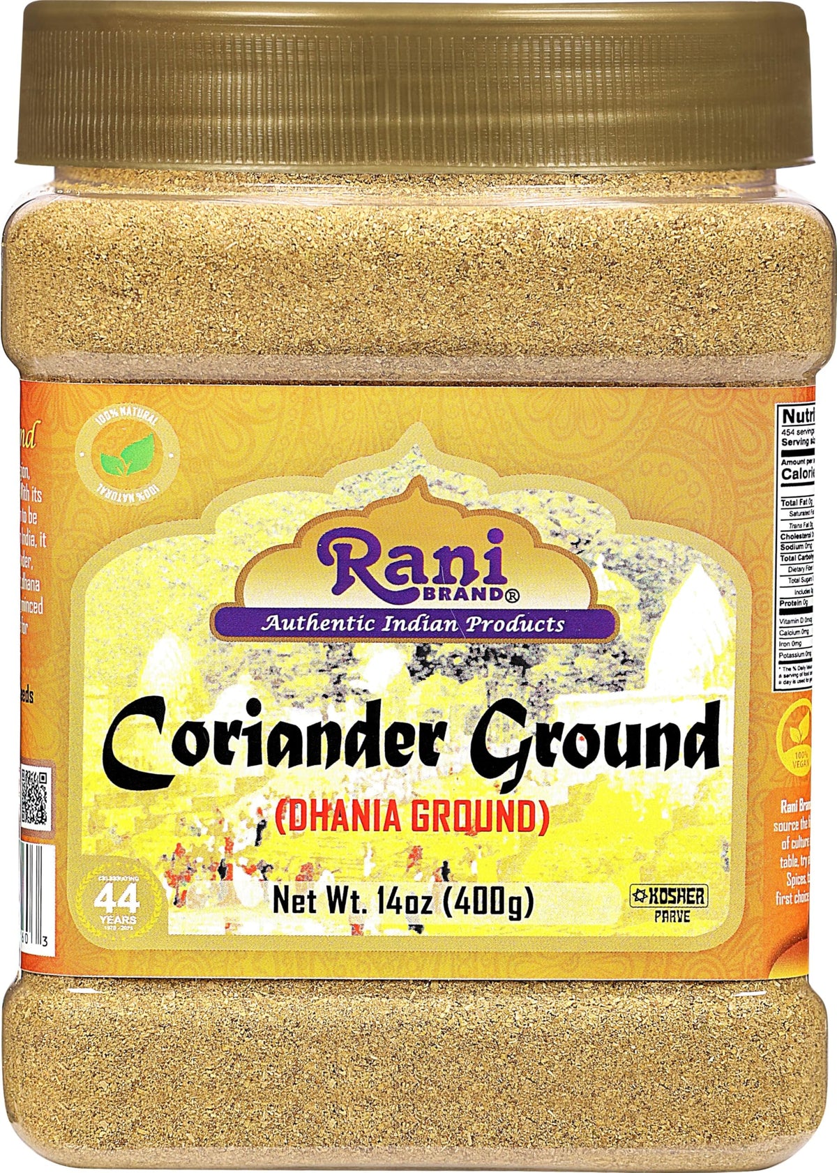 Rani coriander powder bottle front, premium salt-free spice for curries and lentils.