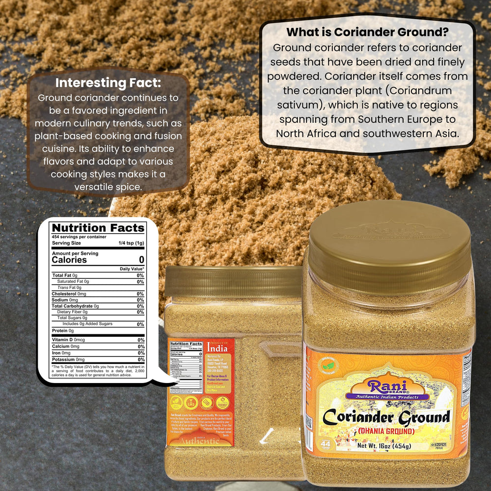 Rani coriander powder jar closeup, vivid aroma hints for flavorful Indian recipes.