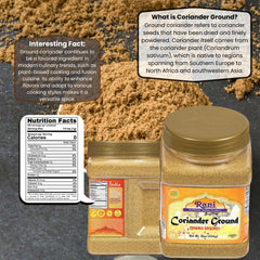 Rani coriander powder jar closeup, vivid aroma hints for flavorful Indian recipes.
