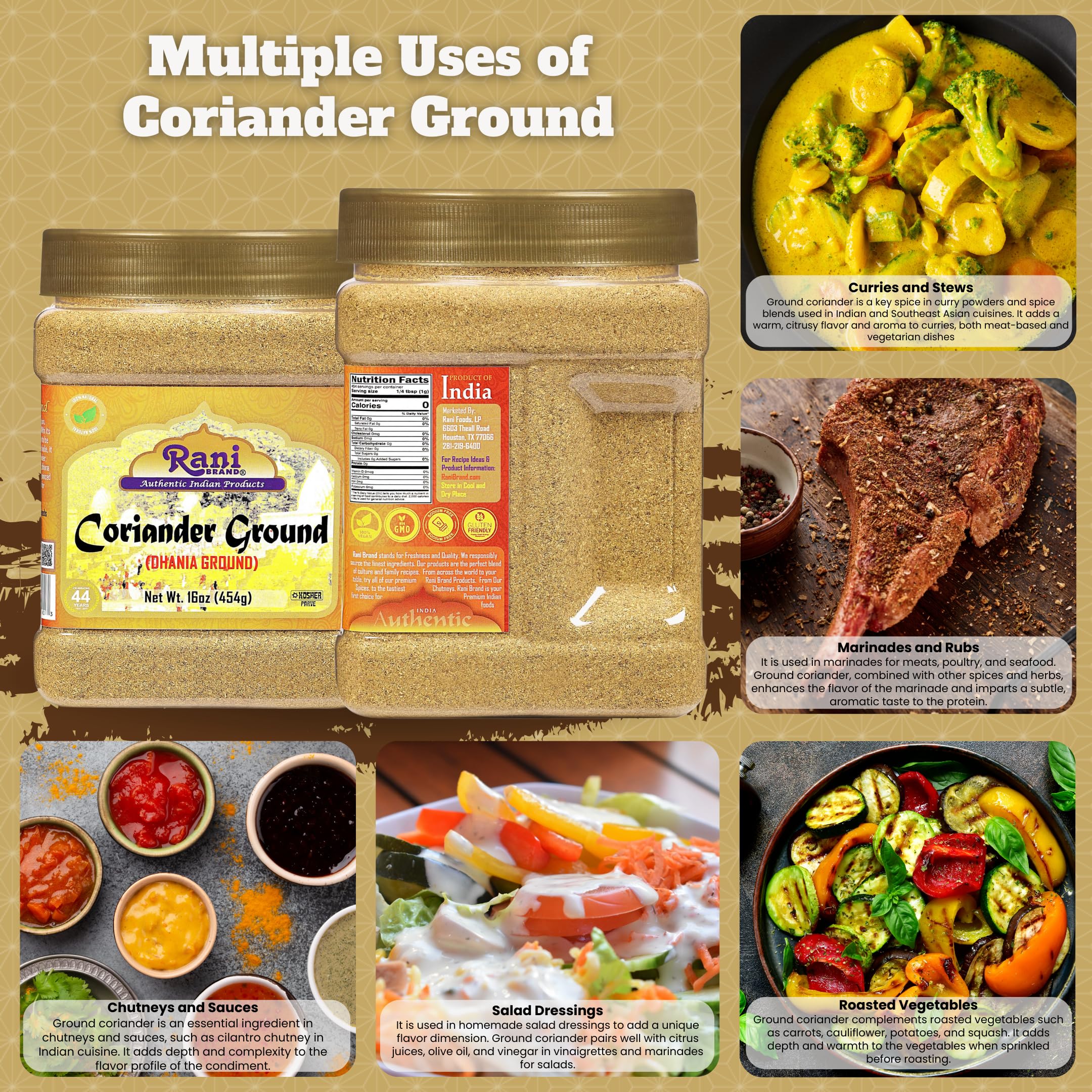 Rani coriander powder jar label, showcasing vegan non-GMO spice for everyday cooking.