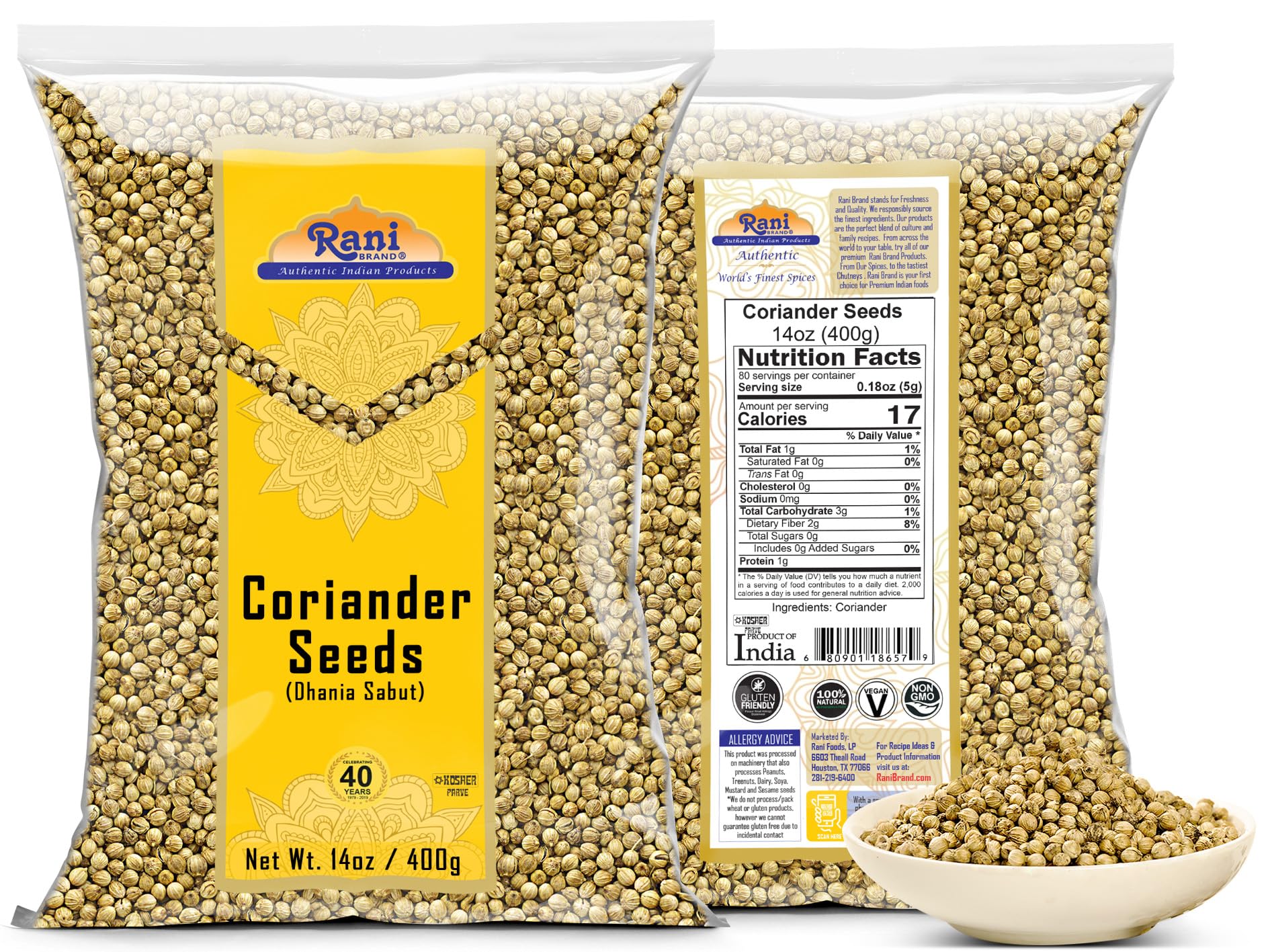 Rani Brand Coriander seeds whole close-up, perfect for aromatic curry base and garam masala.