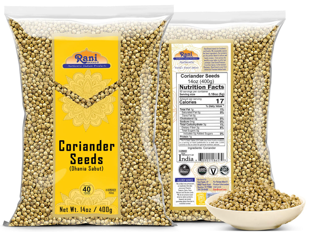 Rani Brand Coriander seeds whole close-up, perfect for aromatic curry base and garam masala.
