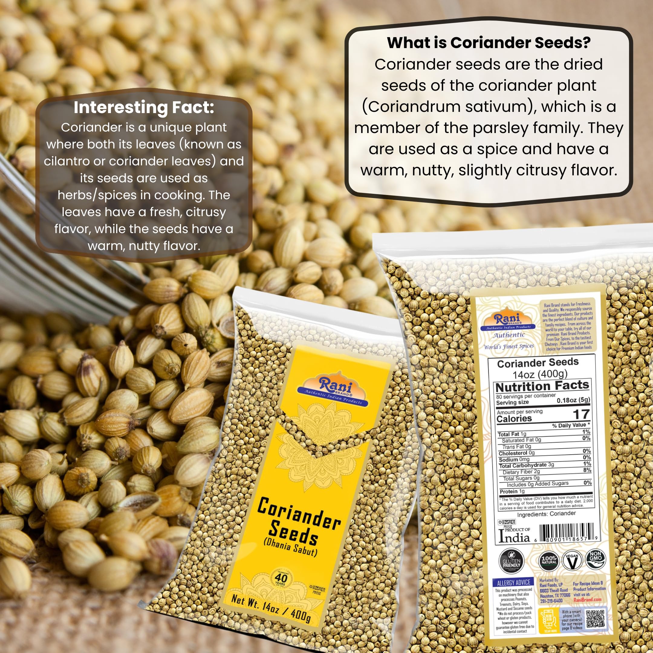 Rani Brand Coriander seeds whole in glass bowl, ideal for grinding fresh before simmering sauces.