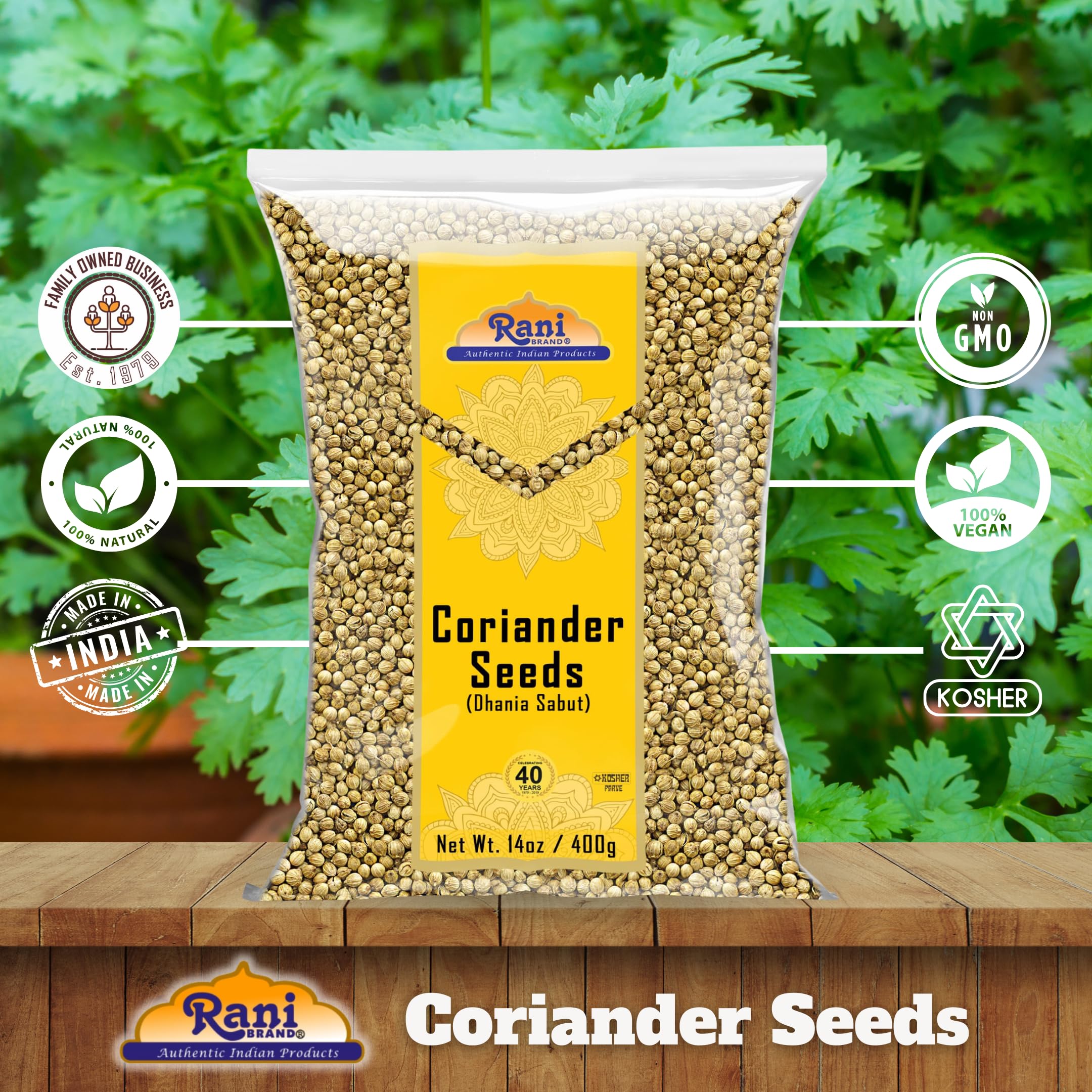 Rani Brand Coriander seeds whole on kitchen shelf, a pantry staple for curries and marinades.
