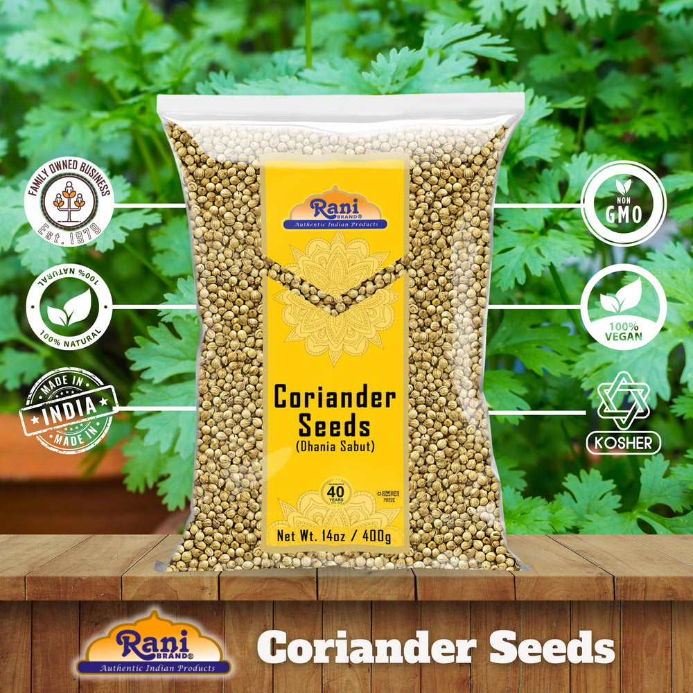 Rani Brand Coriander seeds whole on kitchen shelf, a pantry staple for curries and marinades.