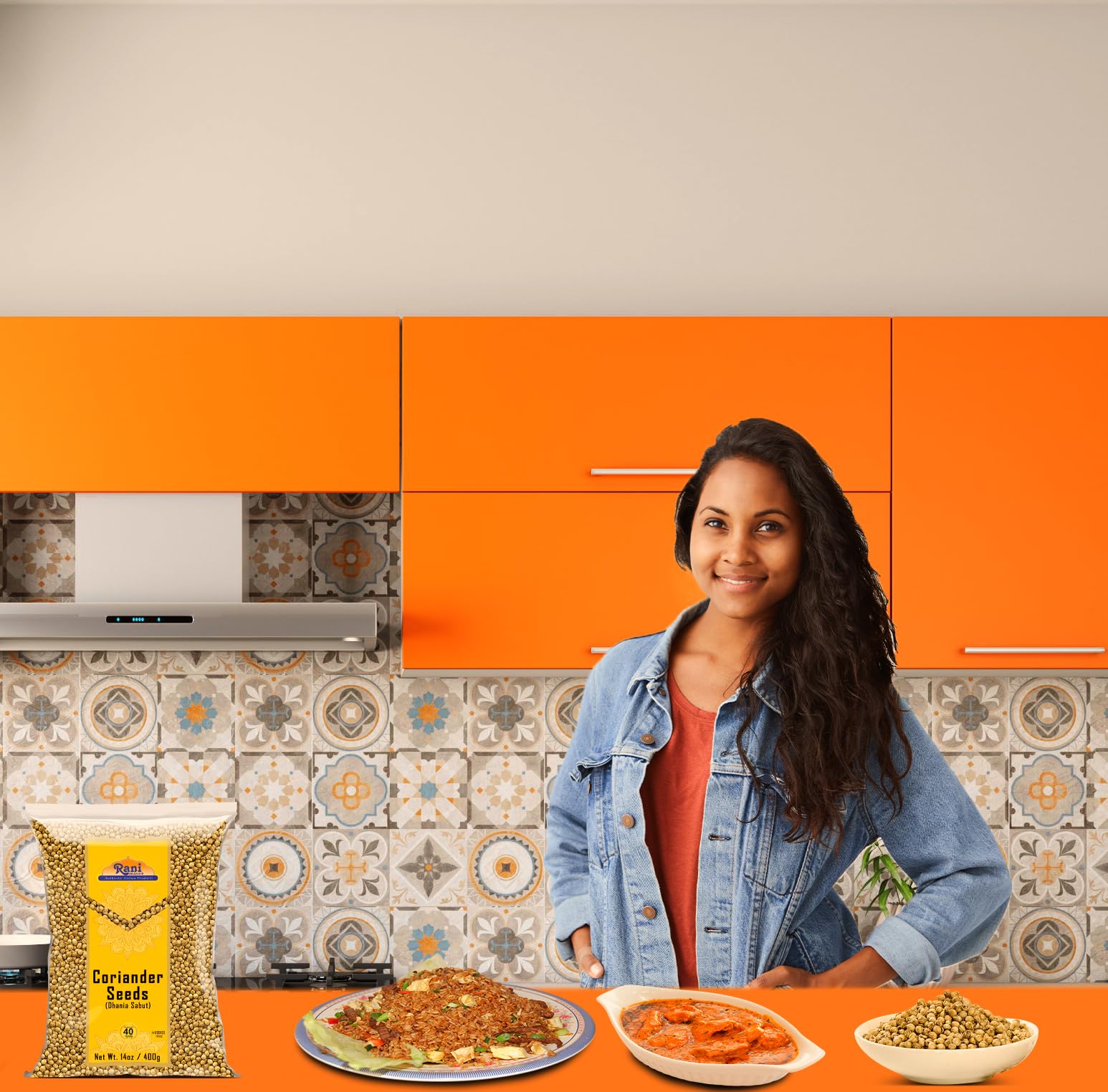 Rani Brand Coriander seeds whole label view, supports gluten-friendly, non-GMO cooking at home.