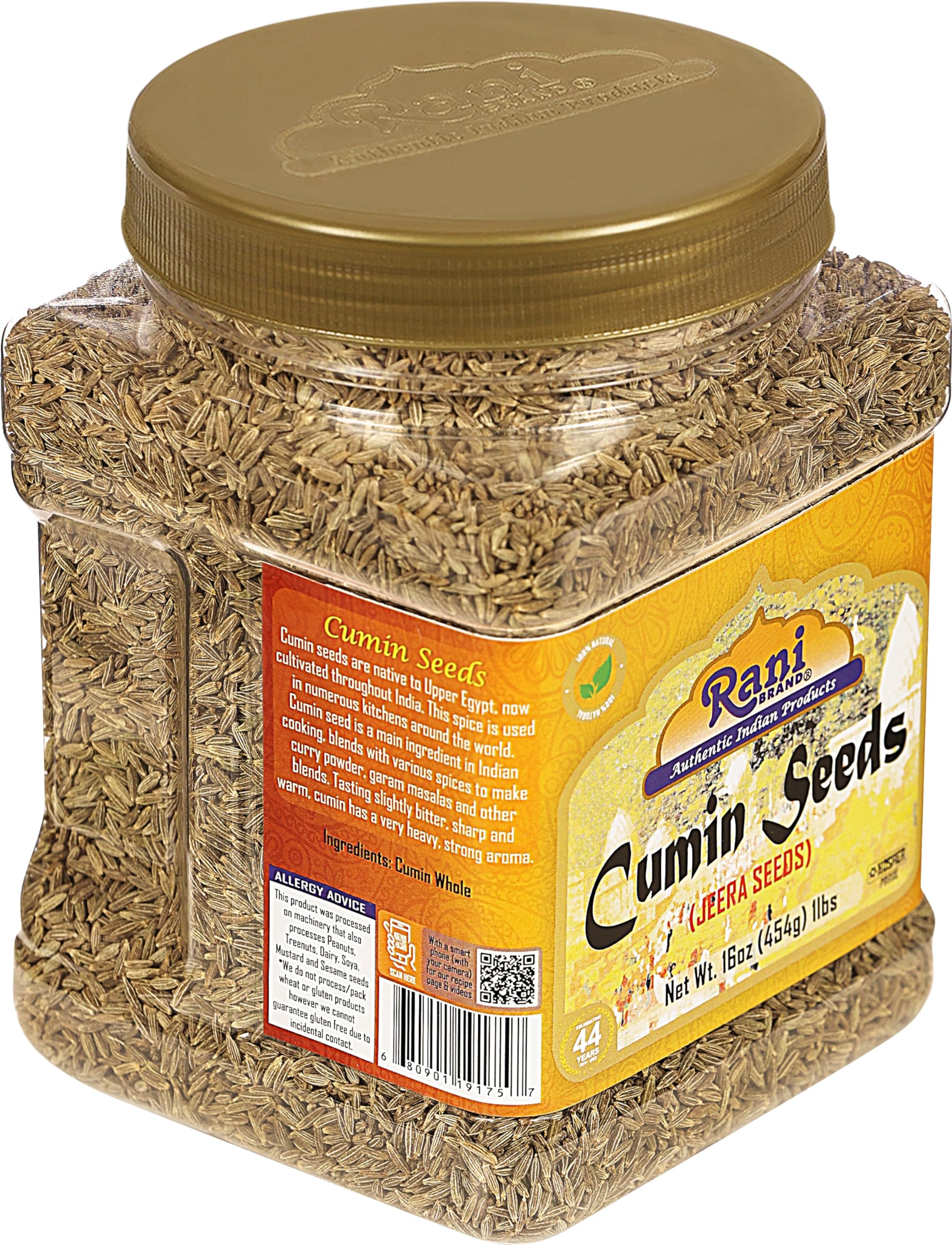 Rani Cumin Seeds 16oz jar packaging emphasizes generous supply for cooks.