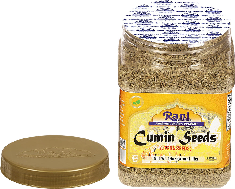Rani Cumin Seeds jar present, ready for spice blends and cooking prep.