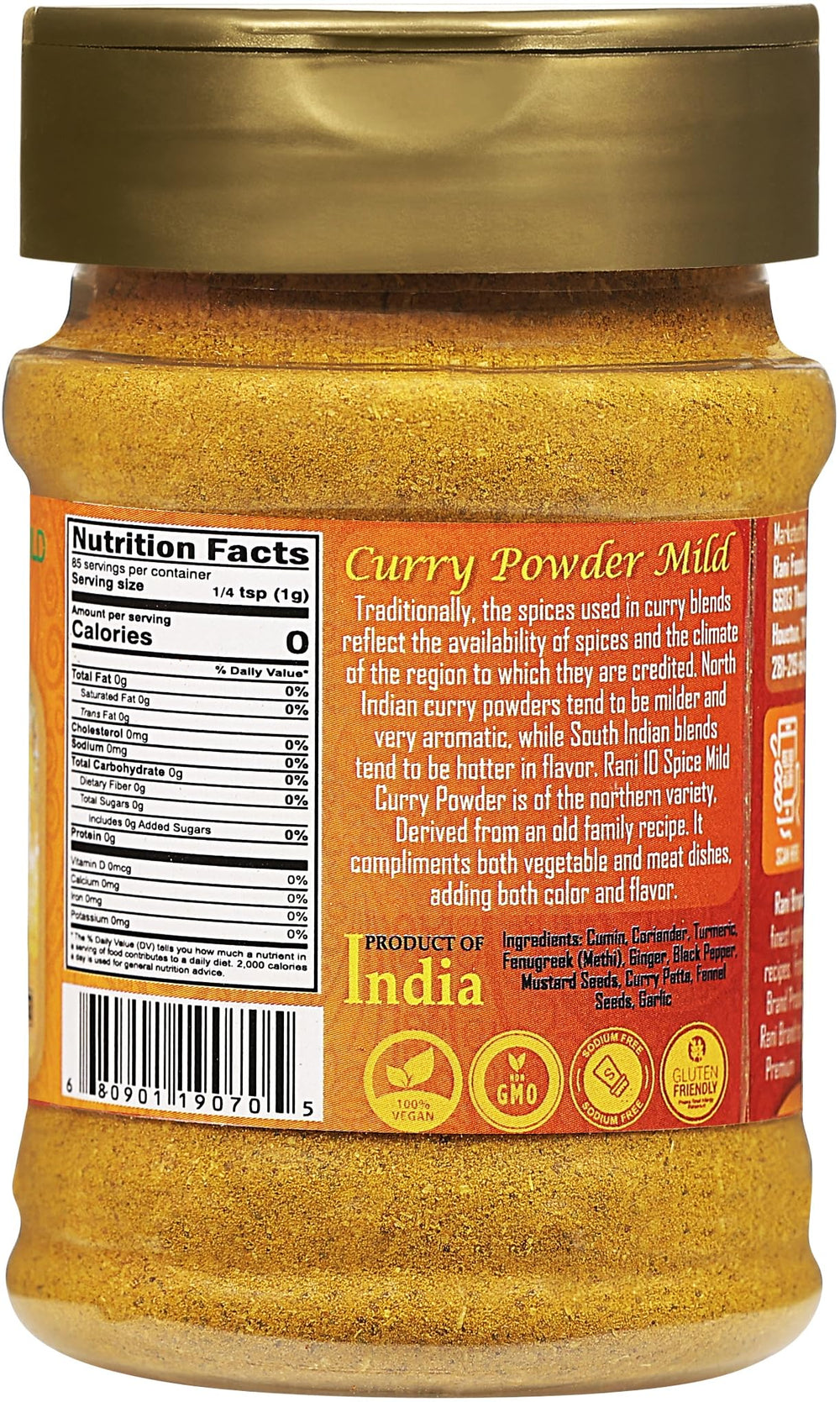 Rani Curry Powder Mild jar rear view with label details