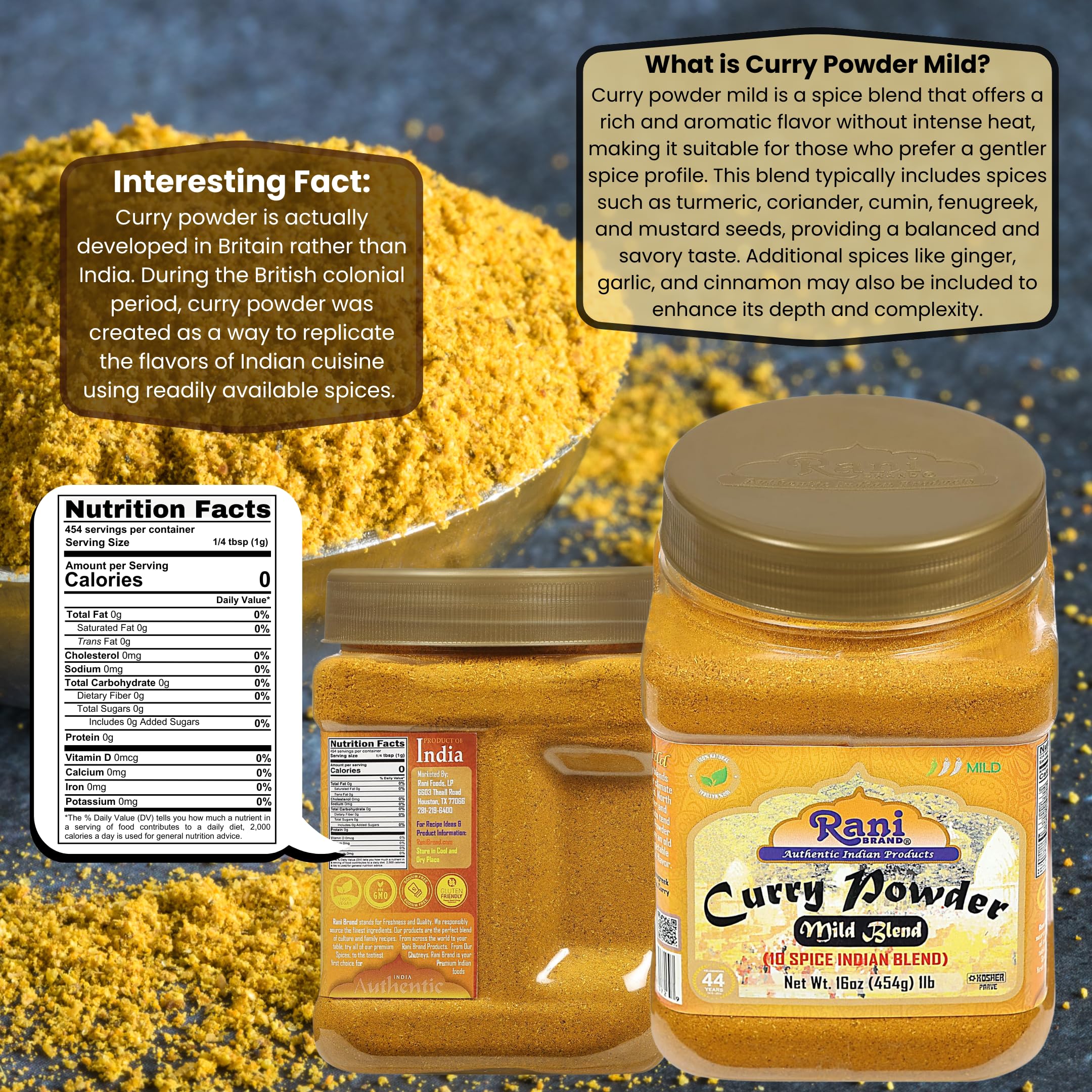 Rani Mild Curry Powder jar front shows salt-free, chili-free spice mix for versatile meals.