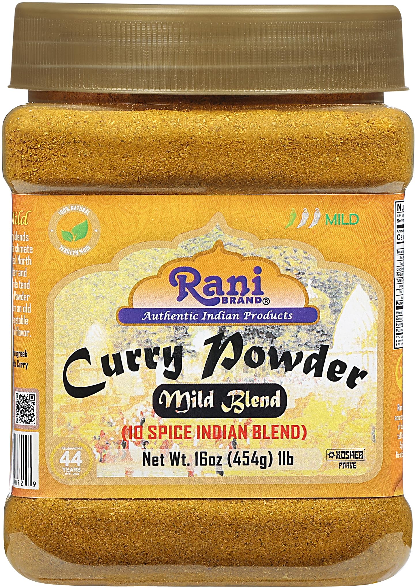 Rani Mild Curry Powder jar label highlights a 10-spice blend for authentic Indian flavor.