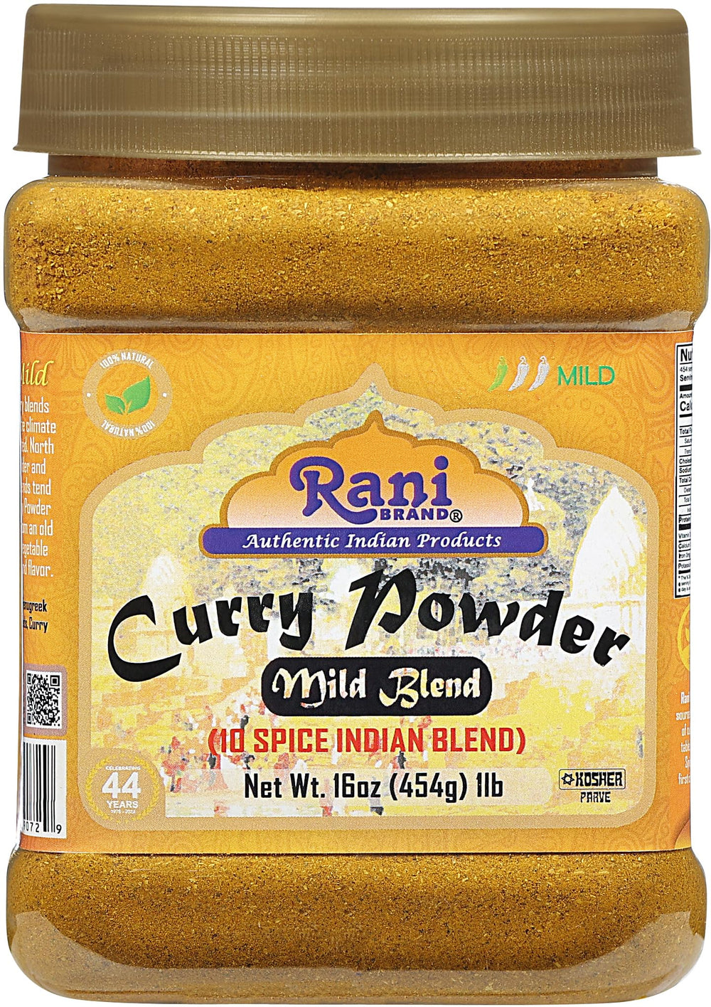 Rani Mild Curry Powder jar label highlights a 10-spice blend for authentic Indian flavor.