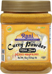 Rani Mild Curry Powder jar label highlights a 10-spice blend for authentic Indian flavor.