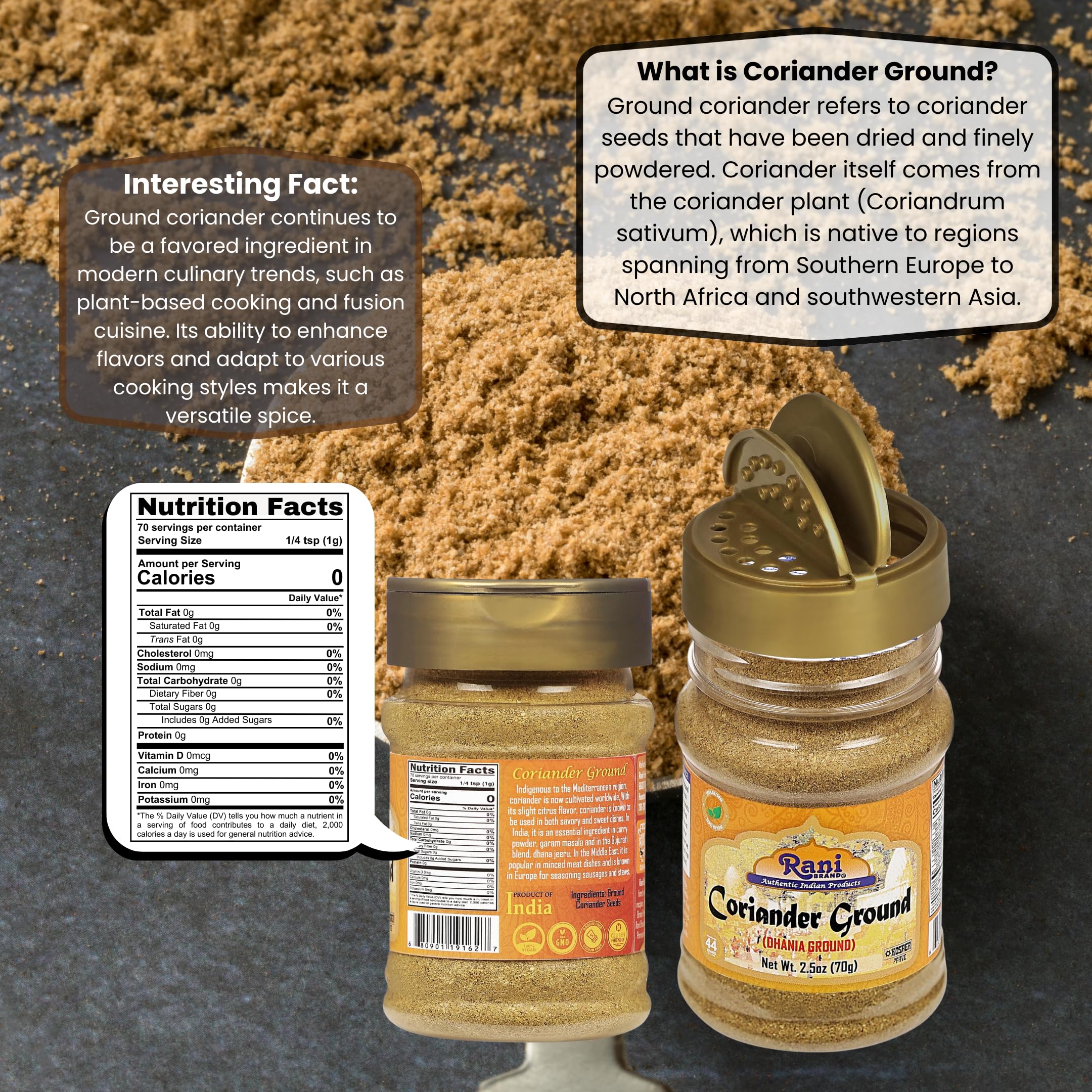 Rani Dhania powder in spice jar adds warm, citrusy notes to curries.