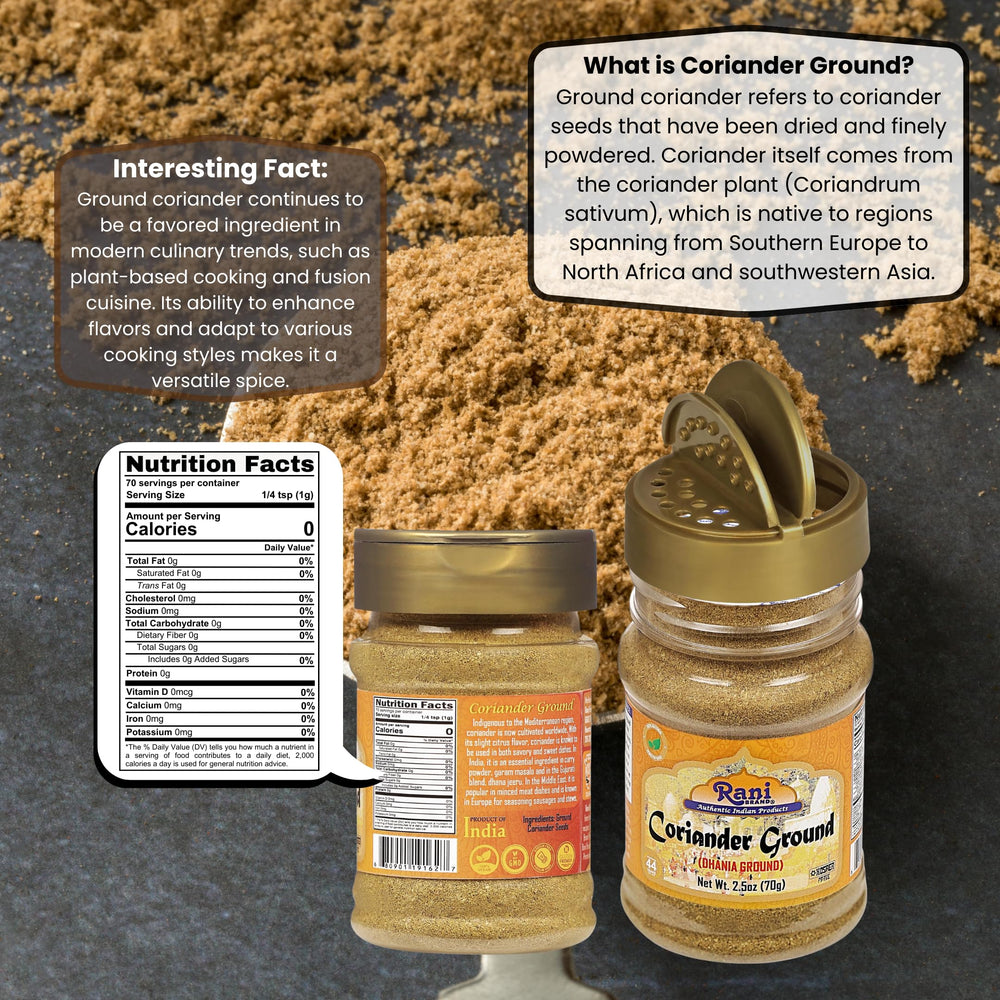 Rani Dhania powder in spice jar adds warm, citrusy notes to curries.