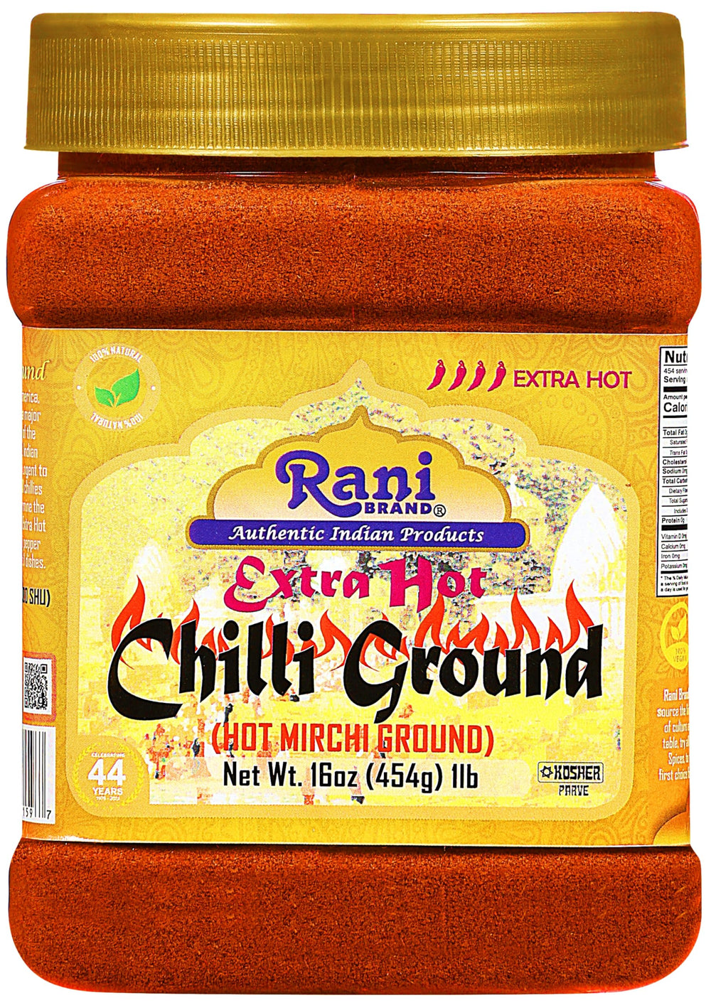 Rani Extra Hot Chilli Powder jar close-up, vibrant spice for bold meals.