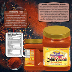 Rani Extra Hot Chilli Powder jar open, bright red ground chili.