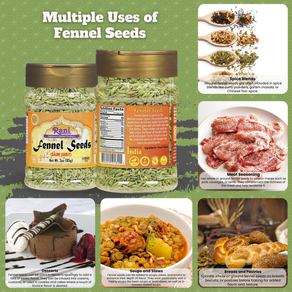 Rani fennel seeds jar back label highlights Kosher and Non-GMO status
