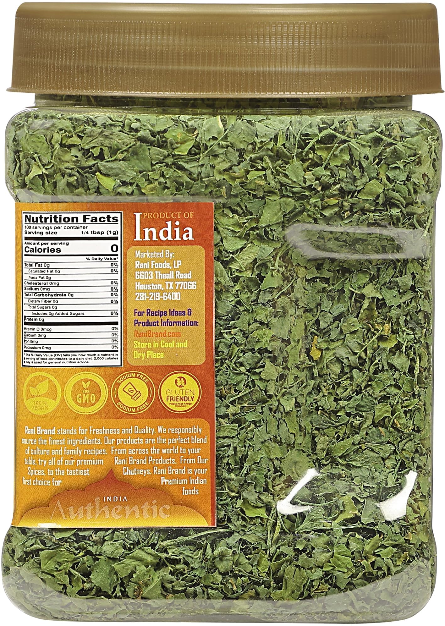 Rani fenugreek leaves jar label closeup shows Kosher and Non-GMO assurances
