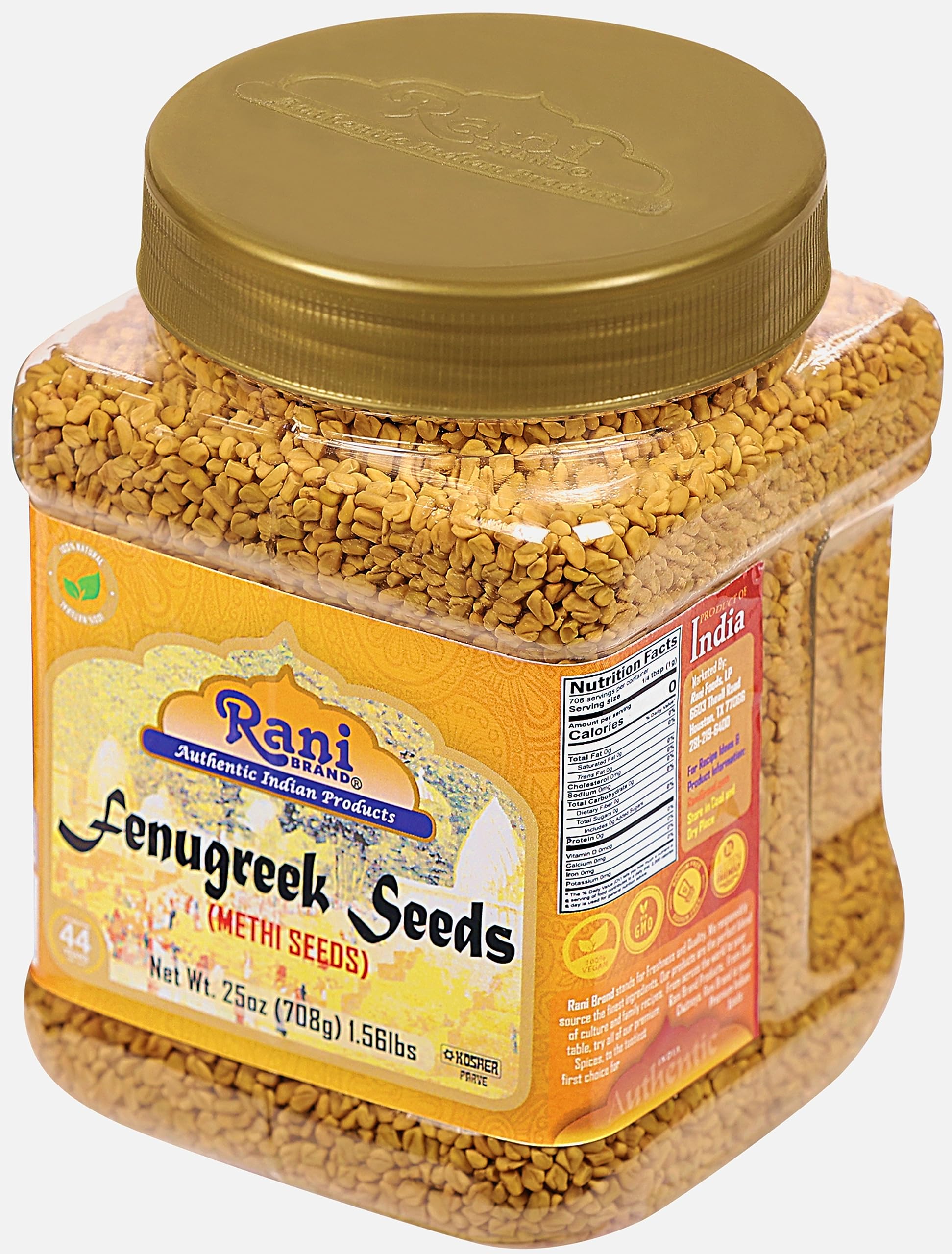 Rani fenugreek seeds ingredients-label closeup confirms authentic origin.