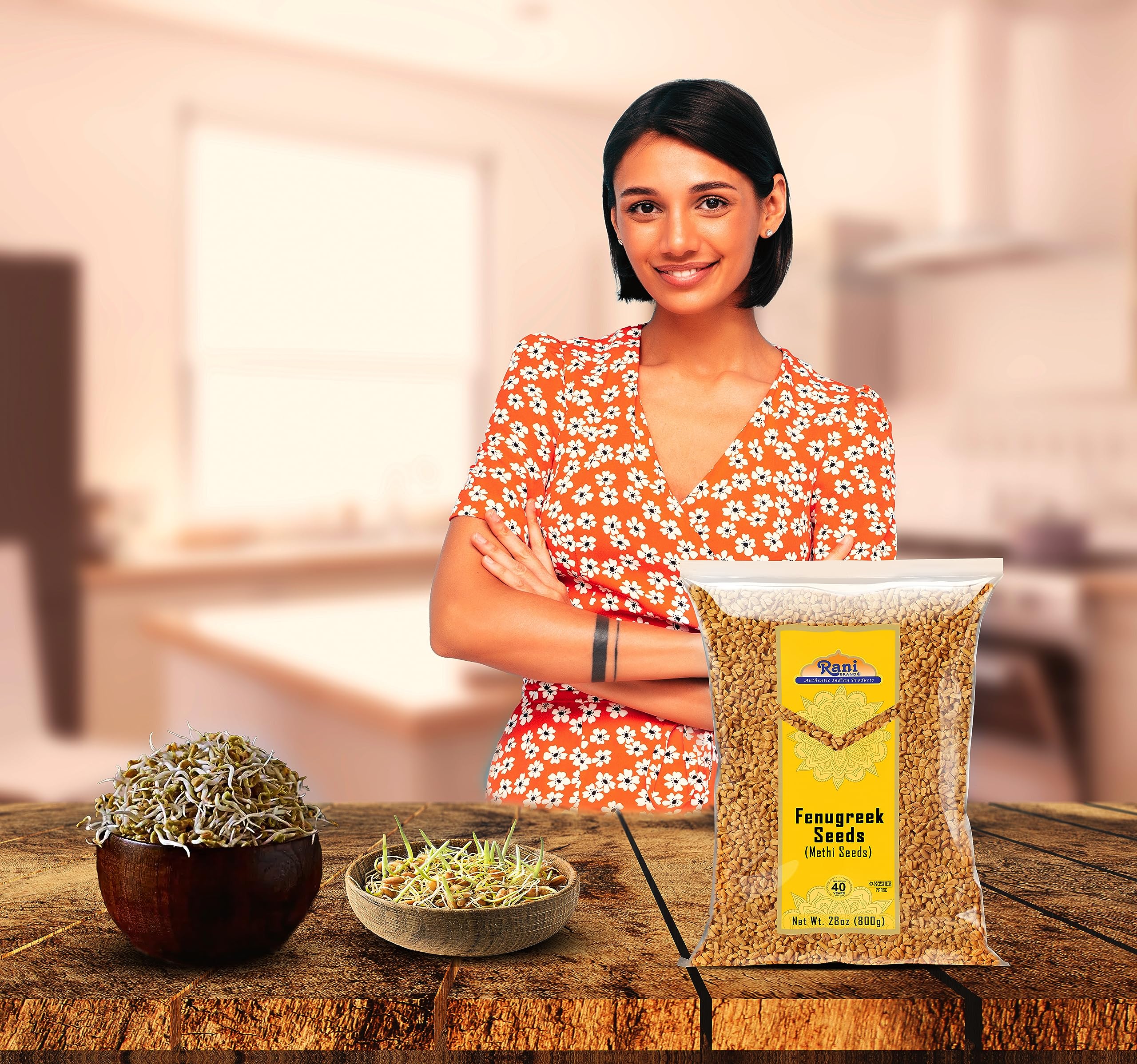 Rani fenugreek seeds jar on spice rack suggests Indian origin for flavorful dishes.