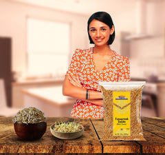 Rani fenugreek seeds jar on spice rack suggests Indian origin for flavorful dishes.