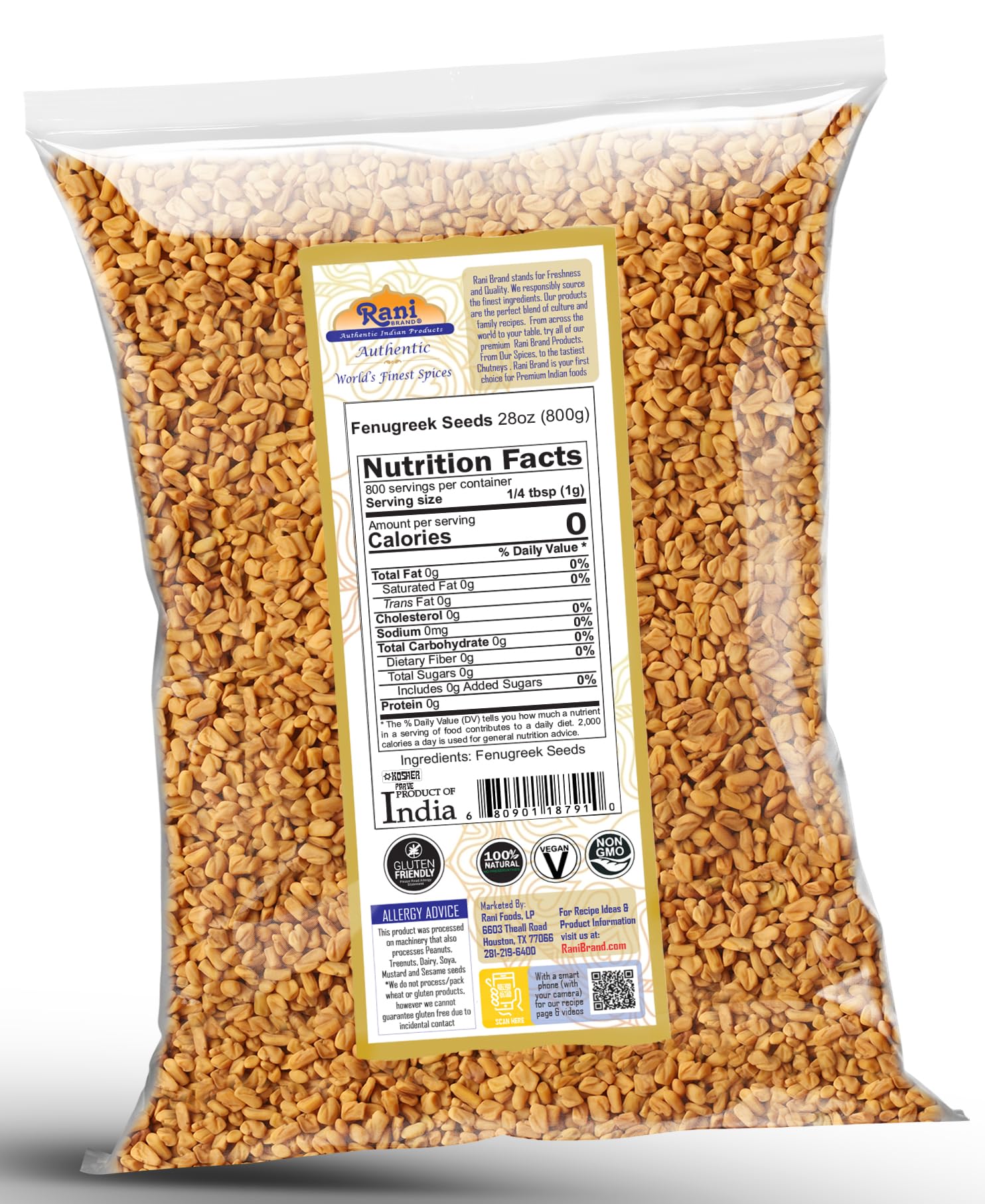 Rani Fenugreek seeds non-GMO label for clean ingredients.