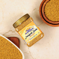 Rani fenugreek seeds label closeup shows premium, non-GMO ingredients.