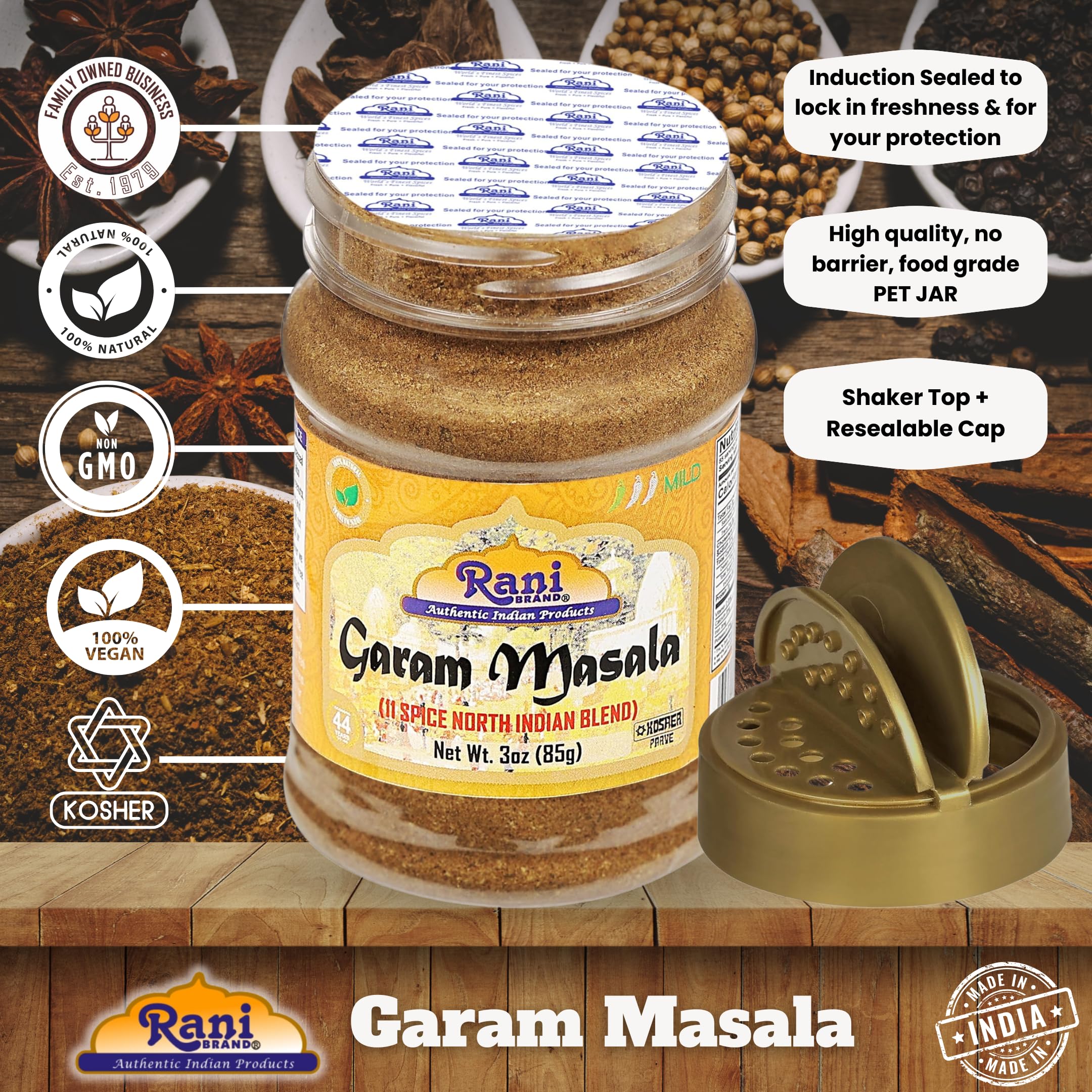 Rani Garam Masala made in India, sealed in PET jar
