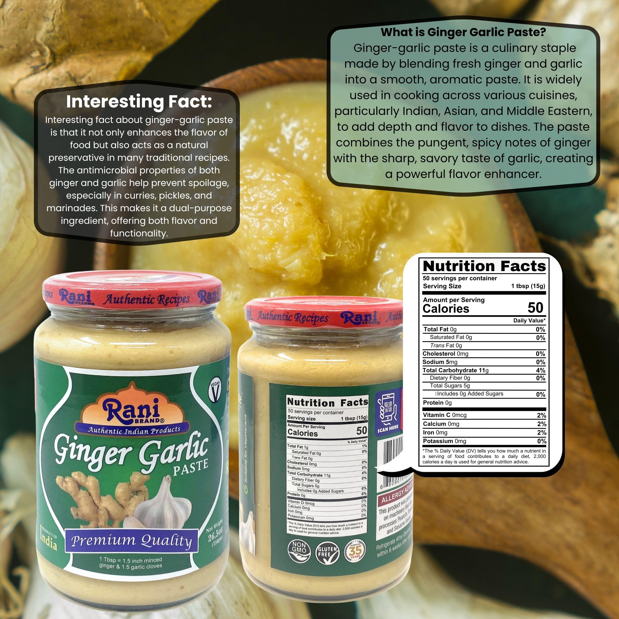 Rani Ginger Garlic Paste back label showing vegan, gluten-free, Non-GMO notes.