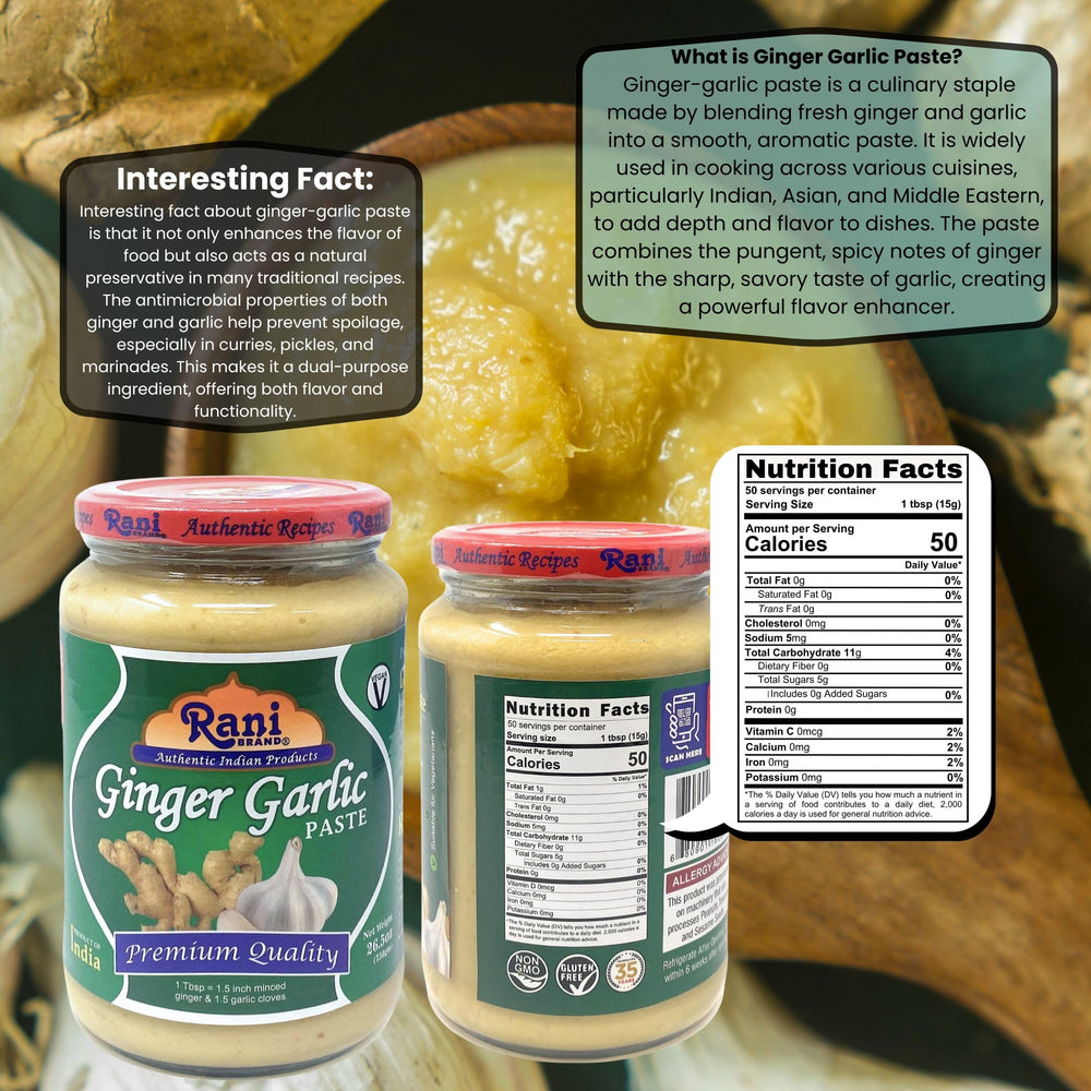 Rani Ginger Garlic Paste back label showing vegan, gluten-free, Non-GMO notes.