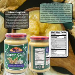Rani Ginger Garlic Paste back label showing vegan, gluten-free, Non-GMO notes.