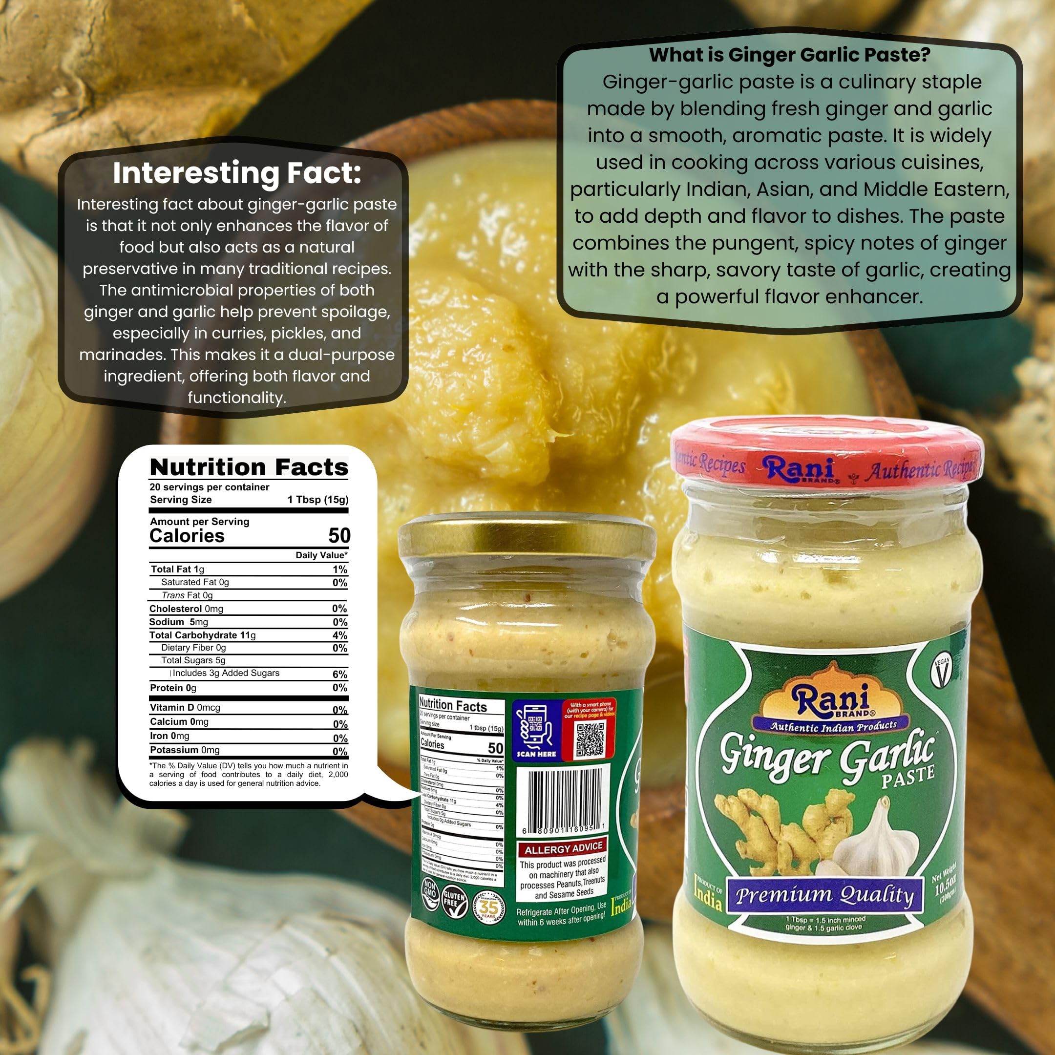 Rani Ginger Garlic Paste label close-up highlights clean ingredients and no artificial colors.