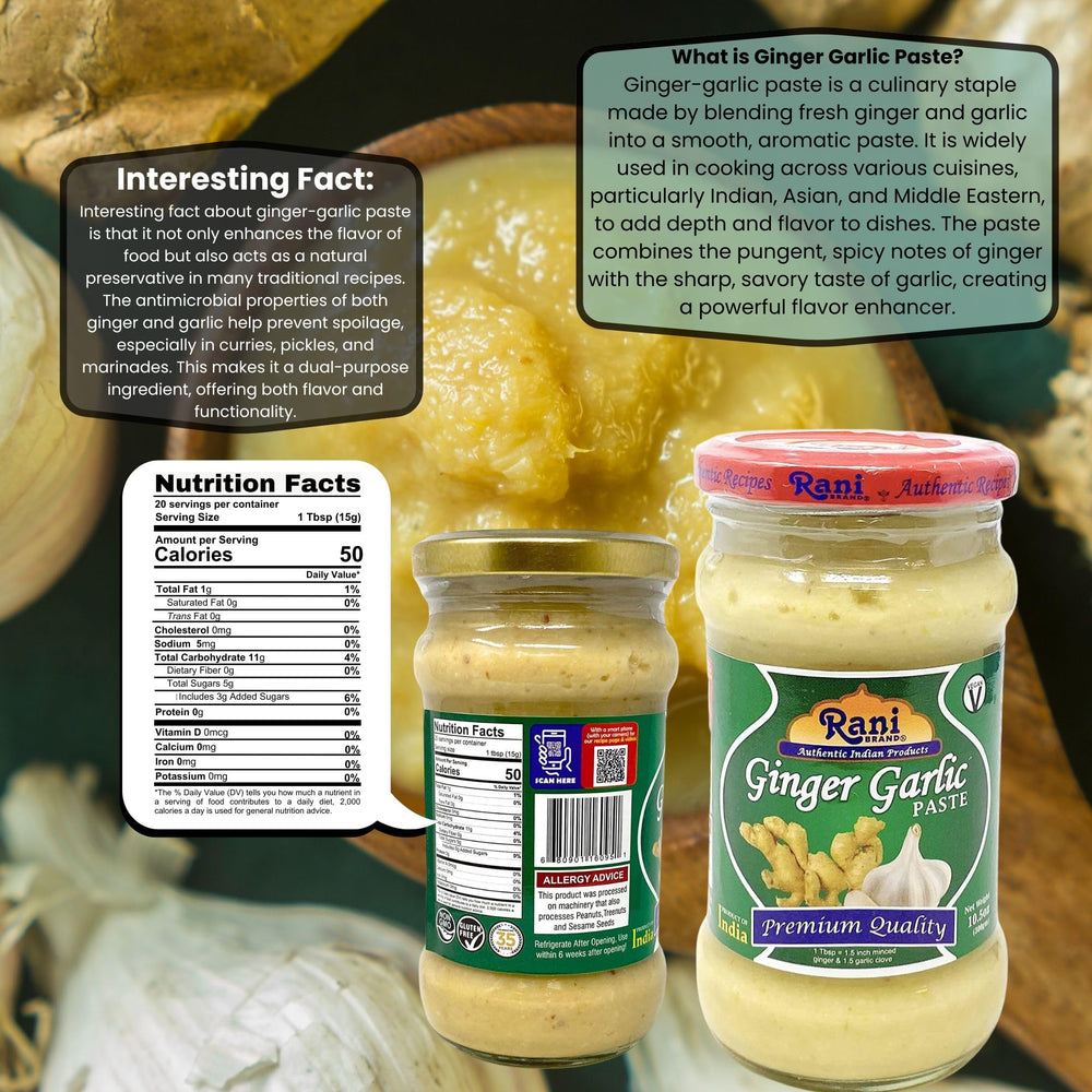 Rani Ginger Garlic Paste label close-up highlights clean ingredients and no artificial colors.