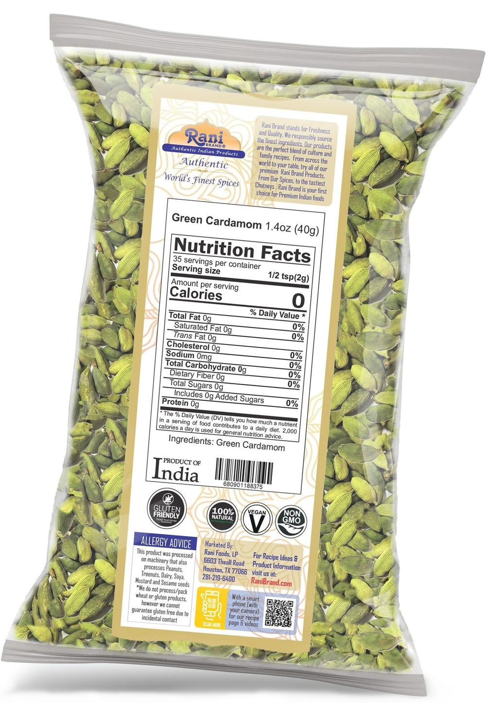 Rani Brand green cardamom pods in a clear jar highlighting premium flavor for curries.