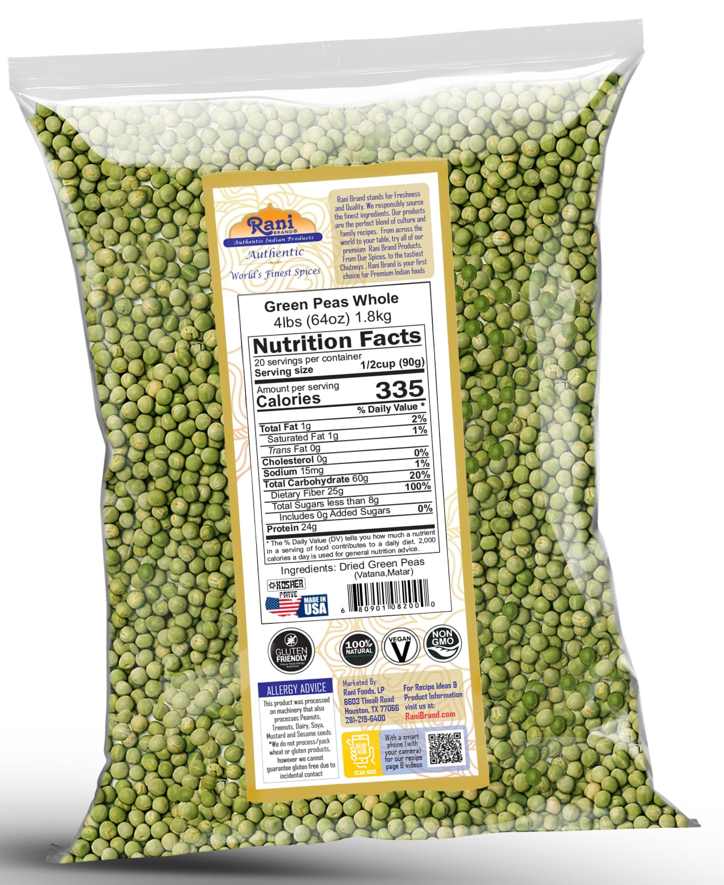 Rani green peas label Kosher USA signals trusted quality for meals.