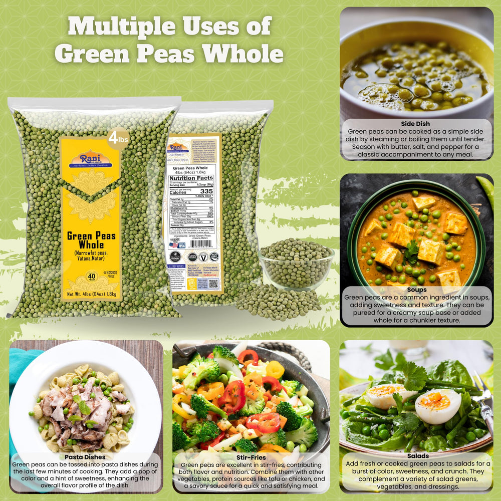 Rani green peas soaking image suggests prep steps for faster meals.