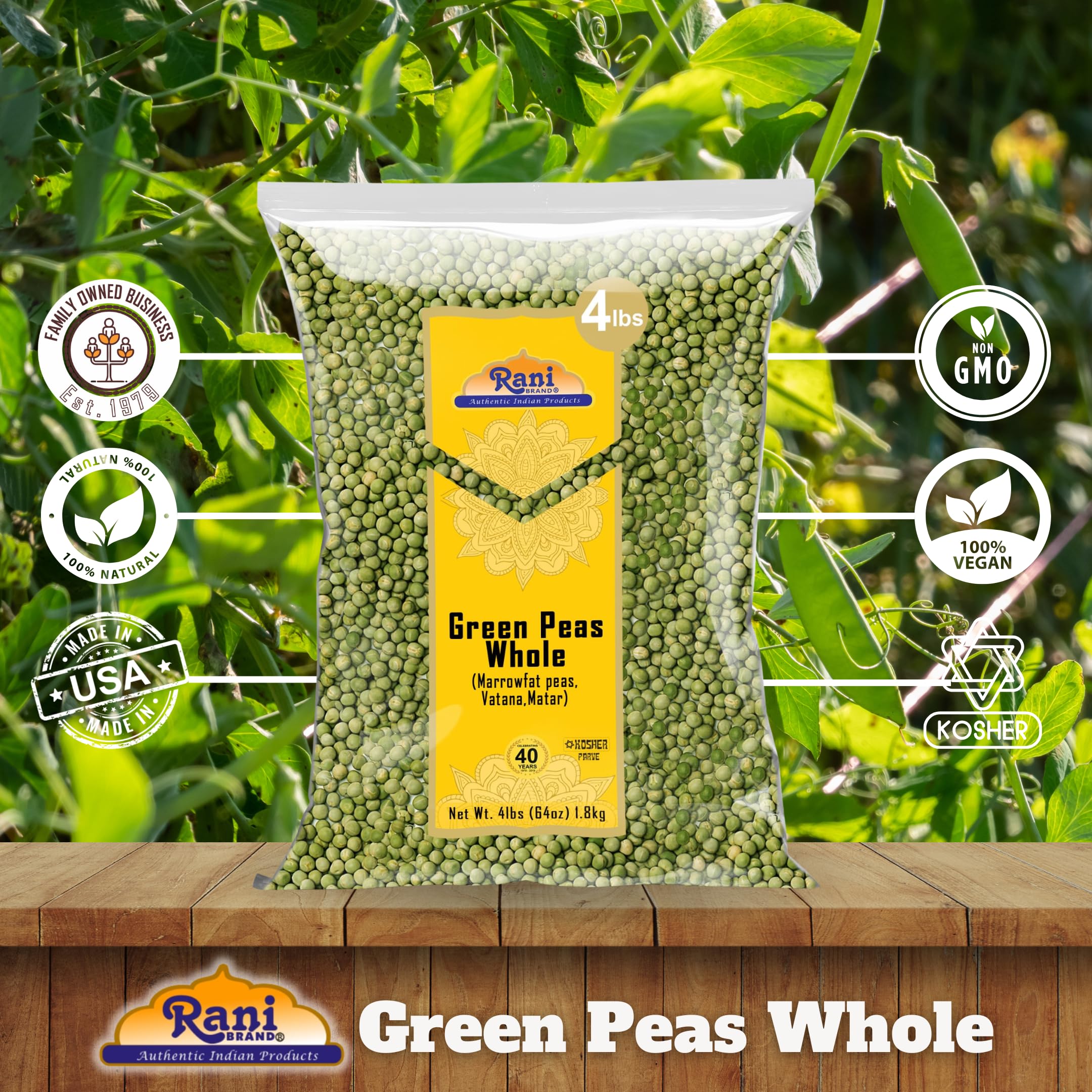 Rani green peas vegan protein option in plant-based meals.