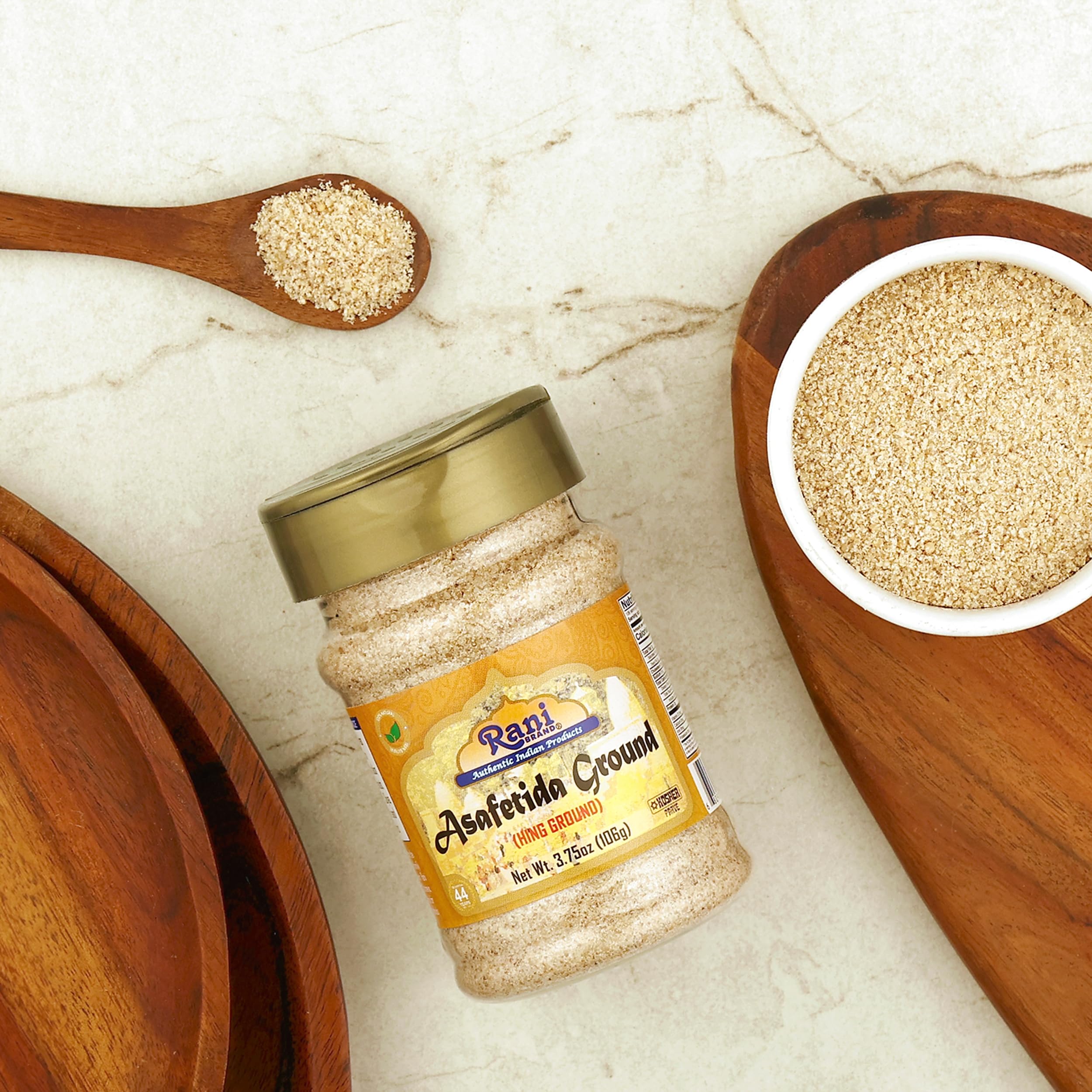 Rani Hing ground jar back displays Kosher and non-GMO credentials