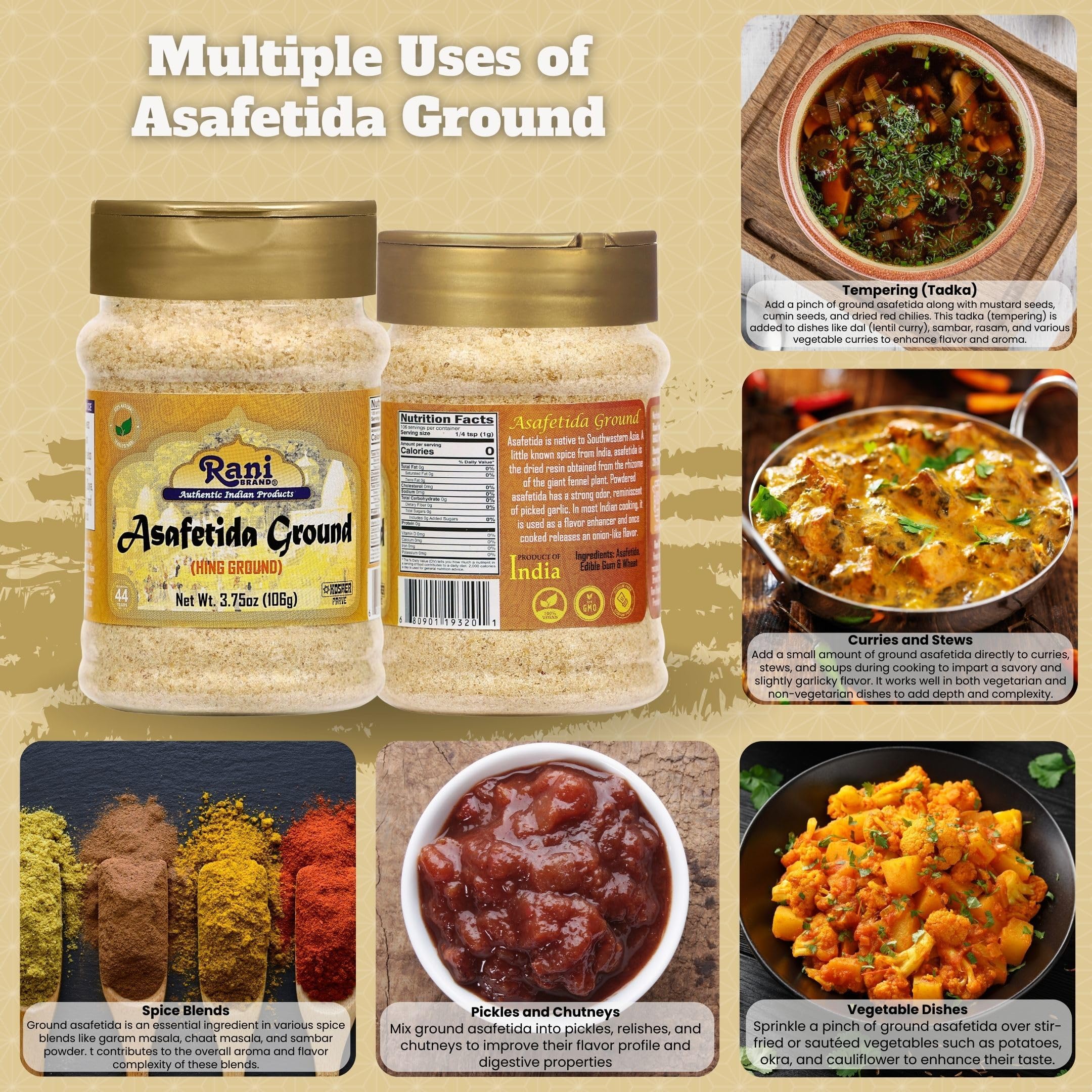 Rani Hing ground spice packaging emphasizes authenticity and freshness