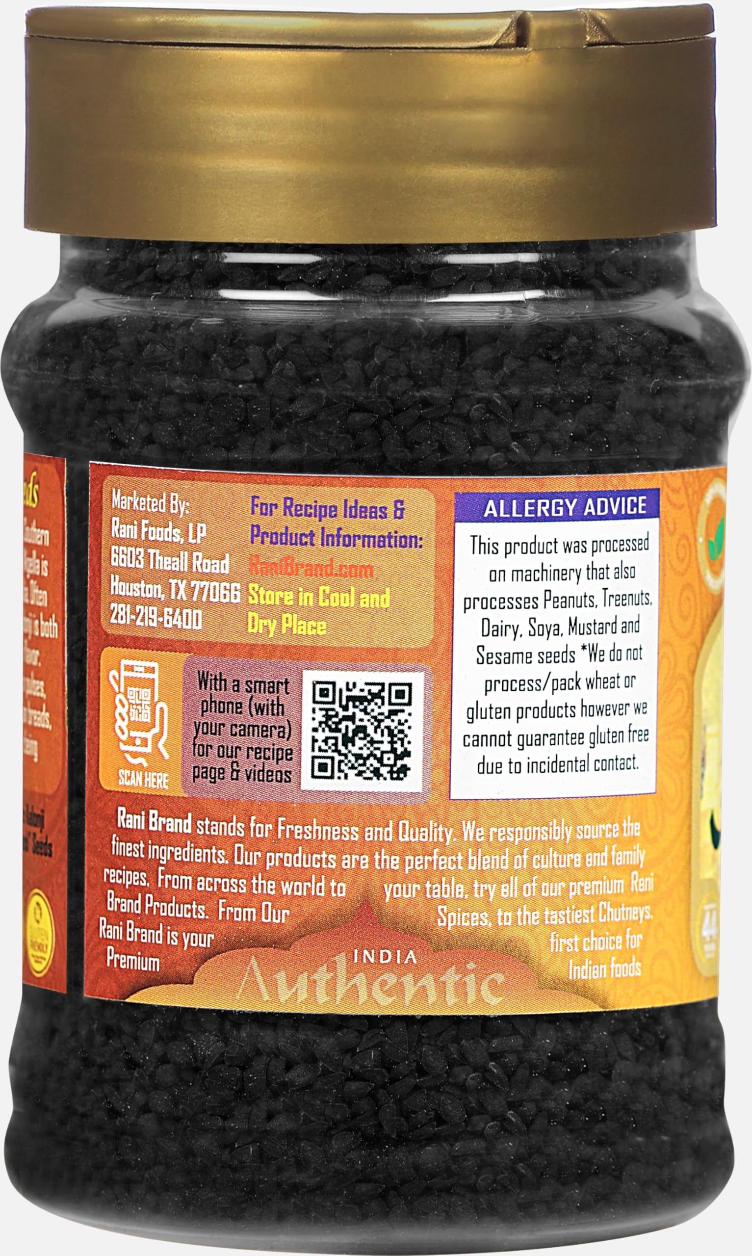 Rani Kalonji jar with label emphasizing authenticity.