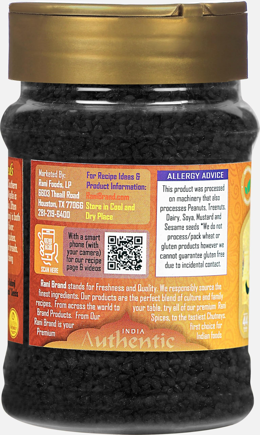 Rani Kalonji jar with label emphasizing authenticity.