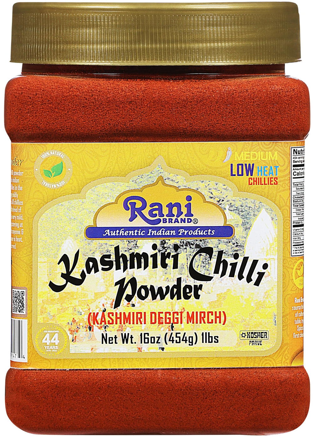 Rani Kashmiri chilli powder in a jar adds vibrant color to curries.
