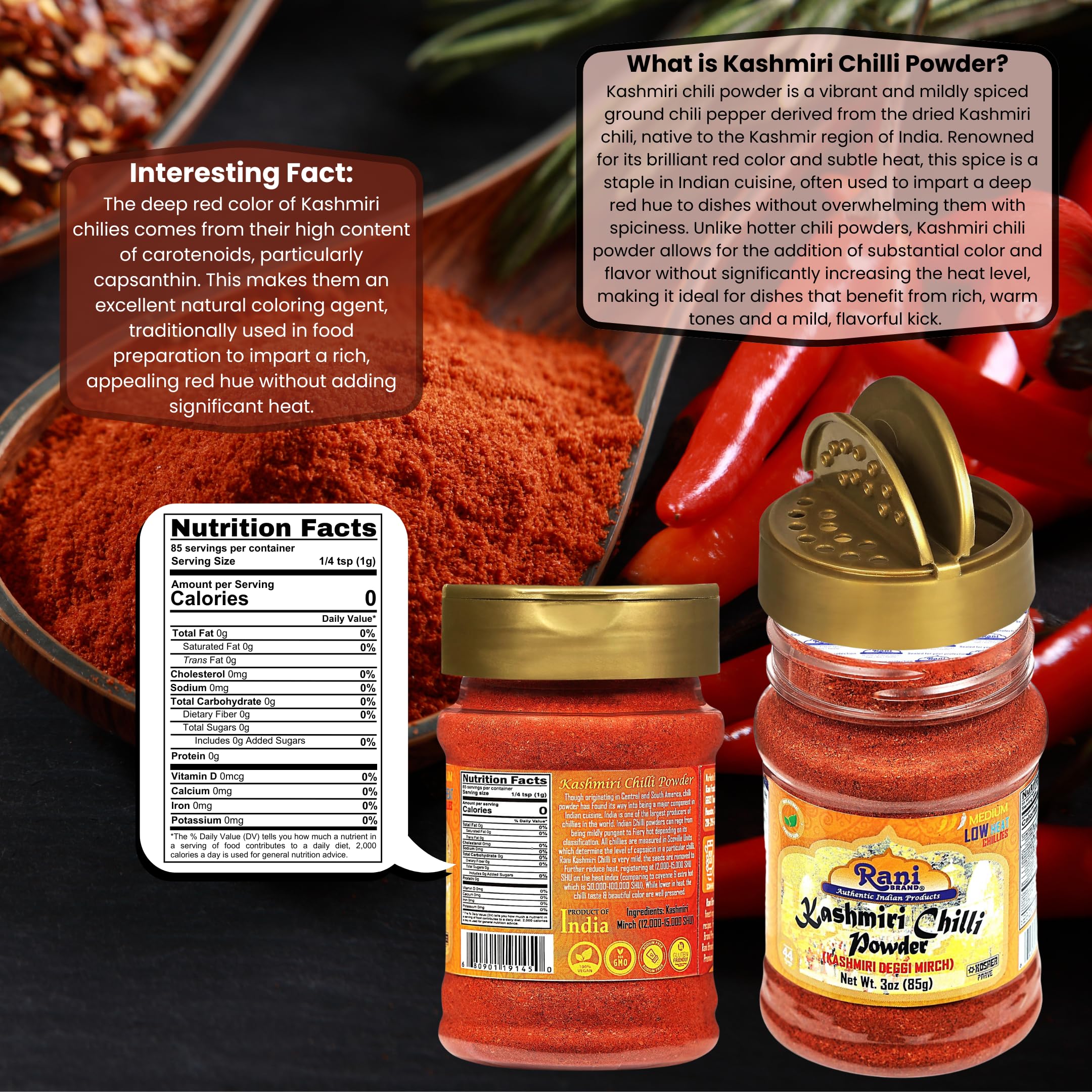 Rani Kashmiri Chilli Powder jar being poured in kitchen