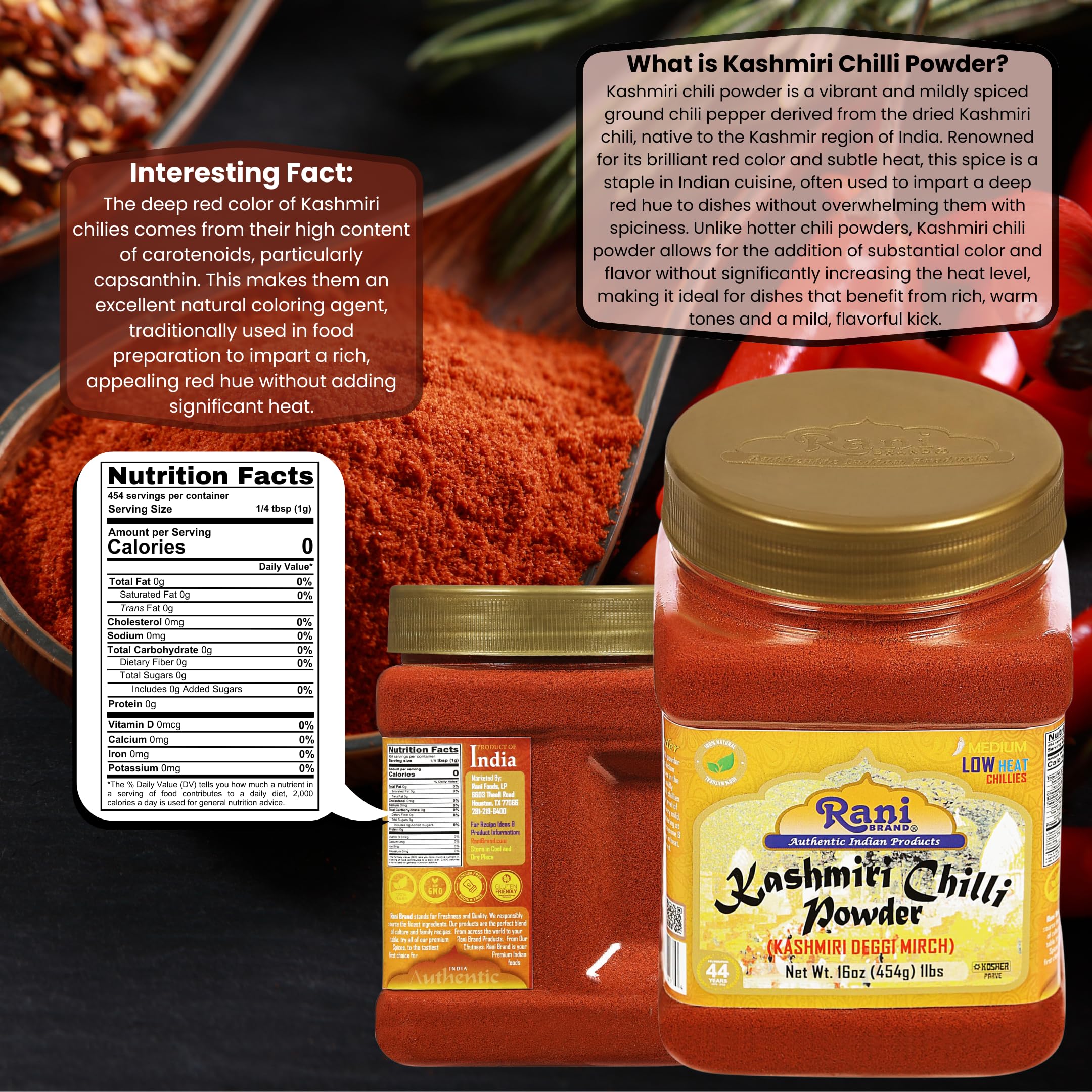 Seedless ground Kashmiri powder delivers smooth texture with milder heat.