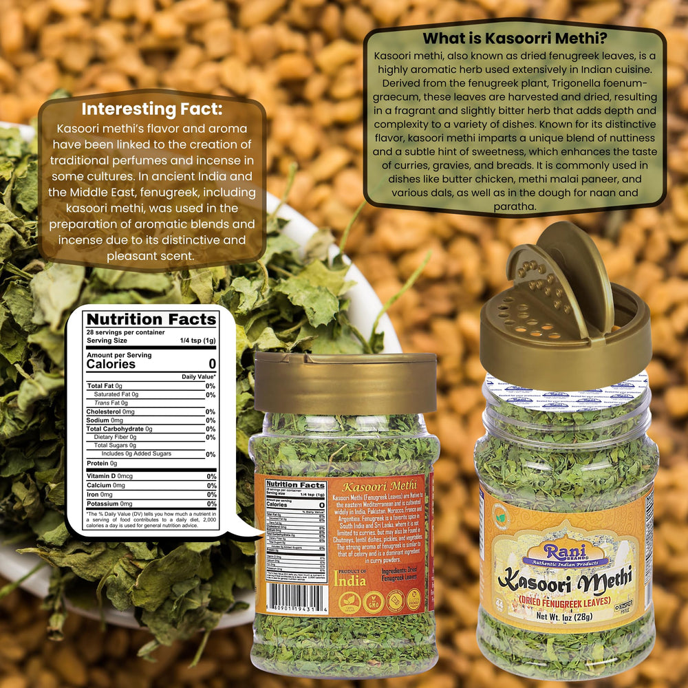 Rani Kasoori Methi dried leaves foil-sealed jar showcases premium spice quality