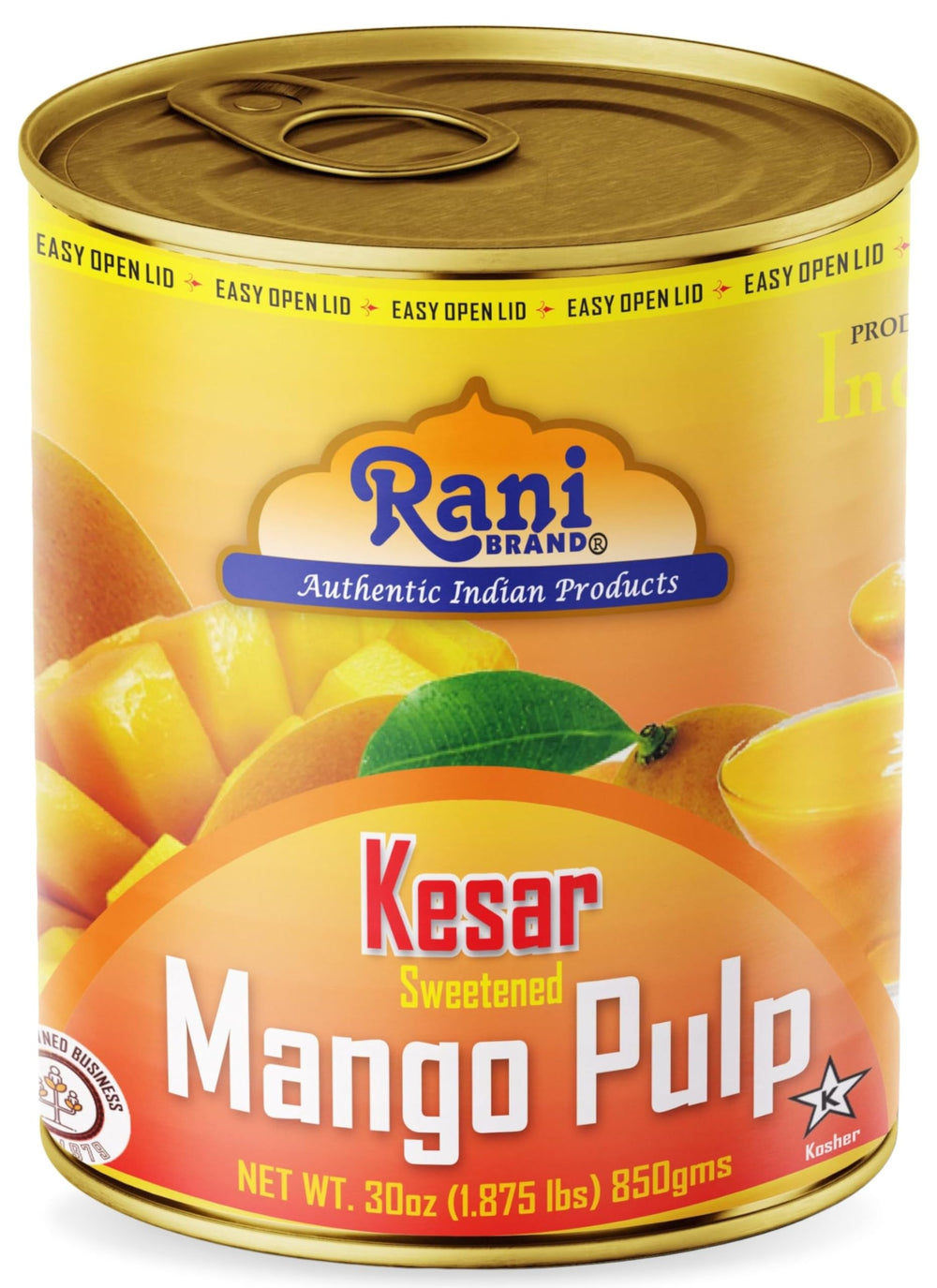 Rani Mango Pulp Puree Kesar can close-up, perfect base for mango lassi.
