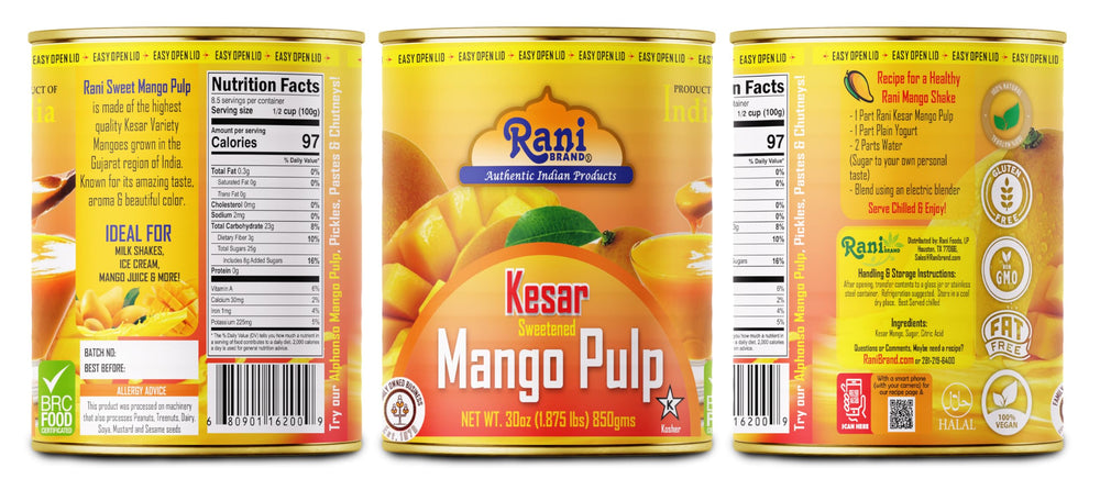 Rani Mango Pulp Puree Kesar ingredient for recipes.