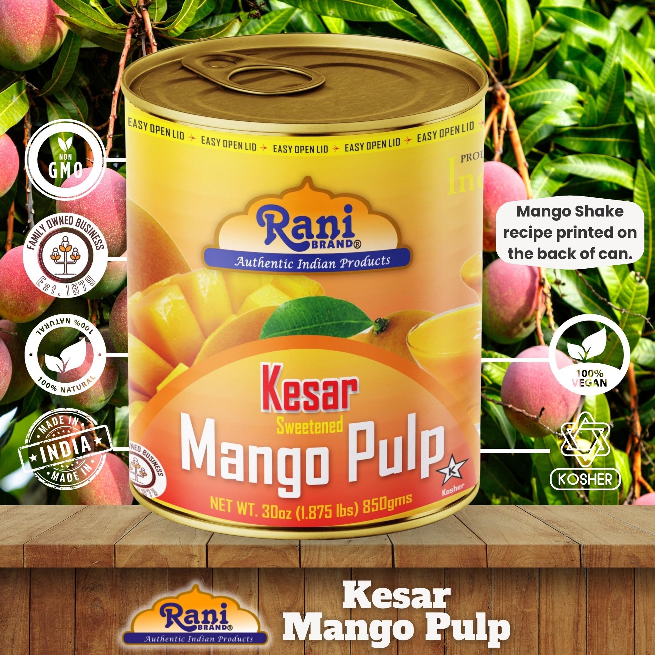 Rani Mango Pulp Puree being poured into a glass for mango lassi.